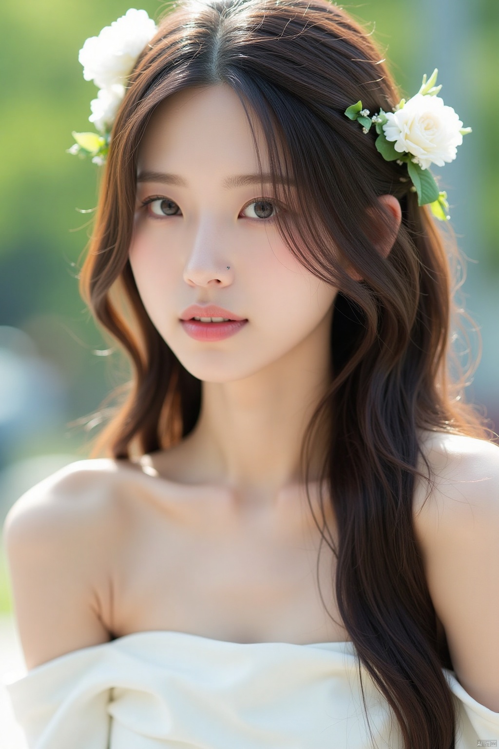 1girl, solo, long hair, looking at viewer, brown hair, hair ornament, dress, bare shoulders, brown eyes, collarbone, upper body, flower, parted lips, teeth, hair flower, off shoulder, white dress, blurry, lips, blurry background, sunlight, white flower, realistic, nose, head wreath