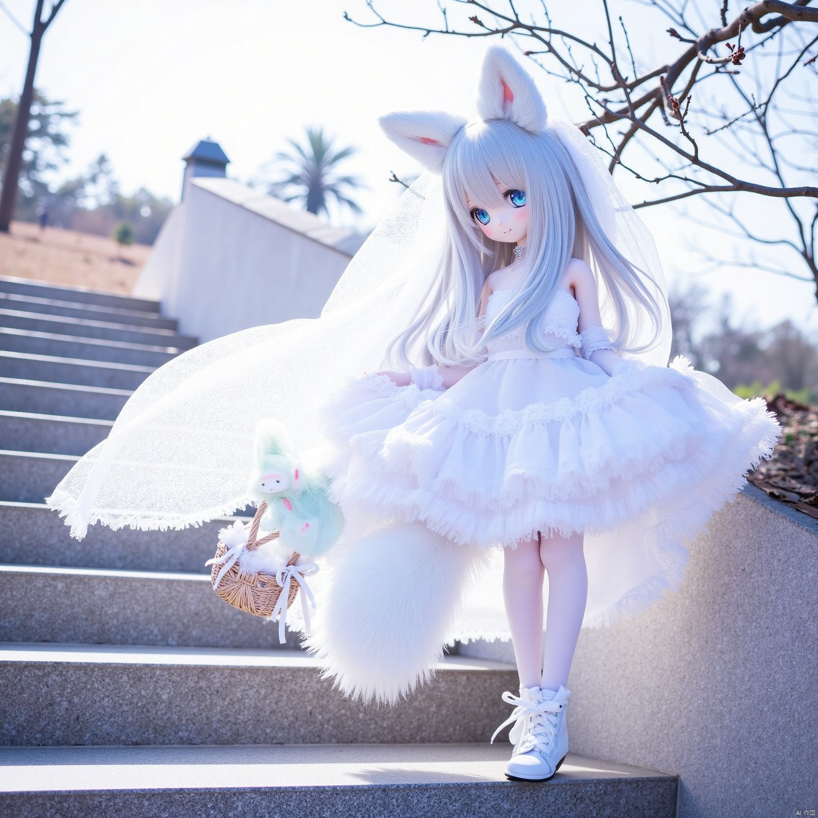 dim1 dim1-959ffe0c. dim2 dim2-0. dim3 dim3-portrait. 1girl. animal ears. dress. very long hair. long hair. blue eyes. solo. white footwear. veil. animal. boots. stairs. smile. blue hair. basket. hair between eyes. bare tree. animal ear fluff. :d. standing. bare shoulders. skirt hold. fox ears. looking at viewer. see-through. holding basket. pantyhose. white dress. strapless. tail. cross-laced footwear. white pantyhose. small breasts. frilled dress. frills. strapless dress. lace-up boots. breasts. full body. fox tail. grey footwear. short sleeves. tree. fox. stone stairs

