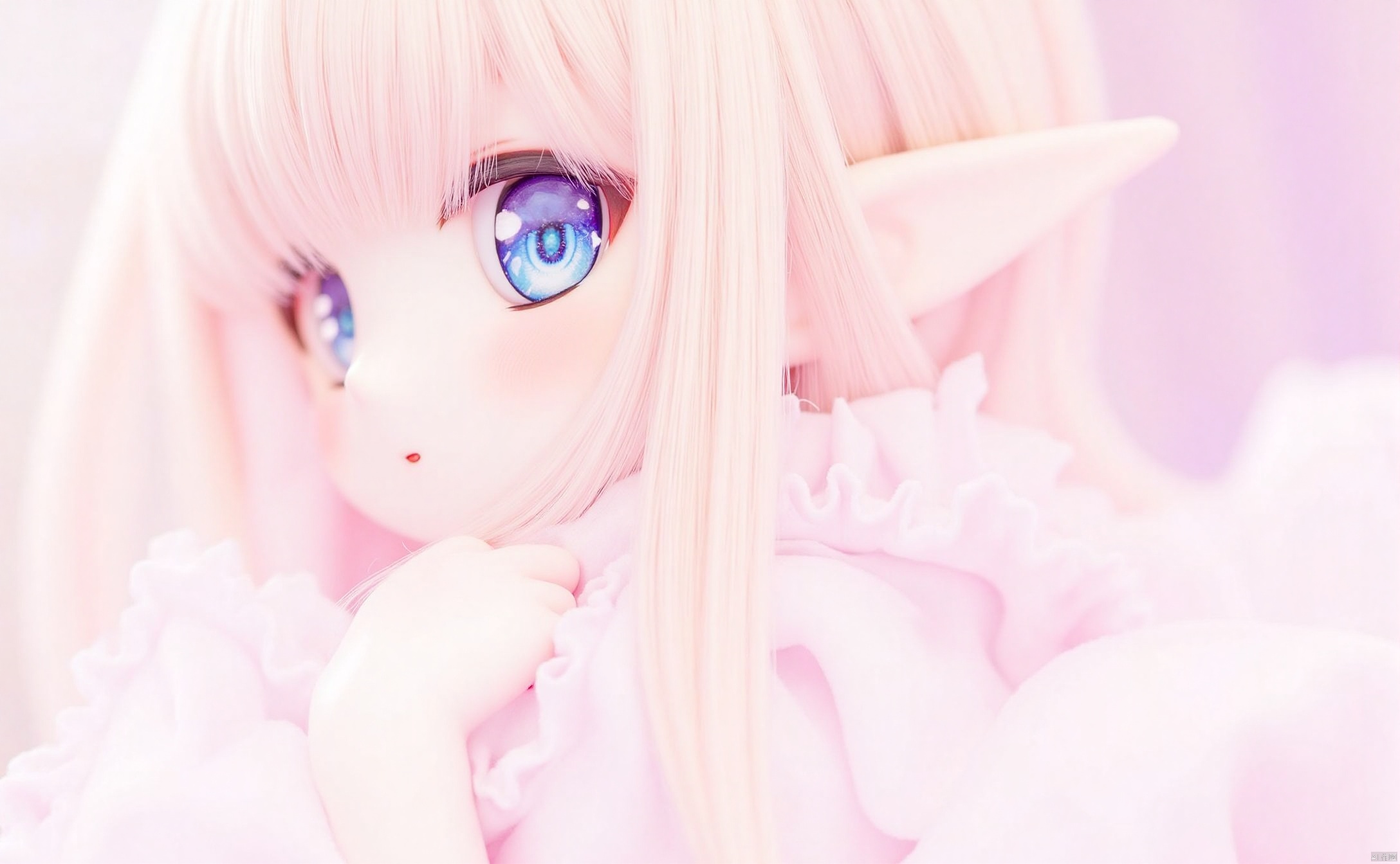 dim1 dim1-ff40745b5cMI. dim2 dim2-2 dim2-2-a2. dim3 dim3-portrait. 1girl. solo. pointy ears. close-up. long hair. blue eyes. looking at viewer. pink hair. blush. head wings. blonde hair