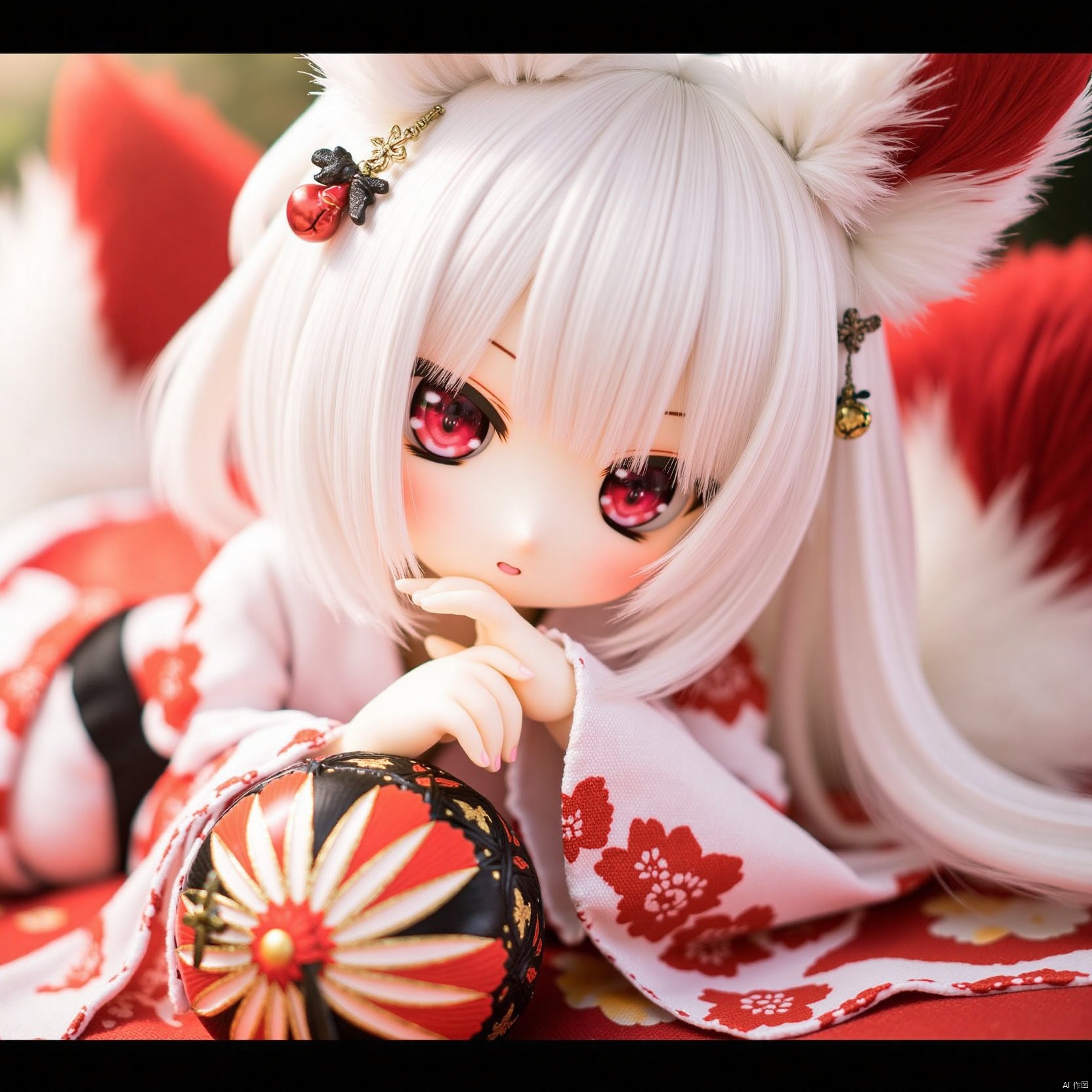 dim1 dim1-ff40745b5cMI. dim2 dim2-1 dim2-1-a0. dim3 dim3-portrait. temari ball. 1girl. ball. solo. red eyes. white hair. letterboxed. japanese clothes. kimono. animal ears. lying. albino. hair ornament. fox ears. looking at viewer. long hair. floral print. on stomach. depth of field. bell. tail. blurry. dutch angle. fox tail