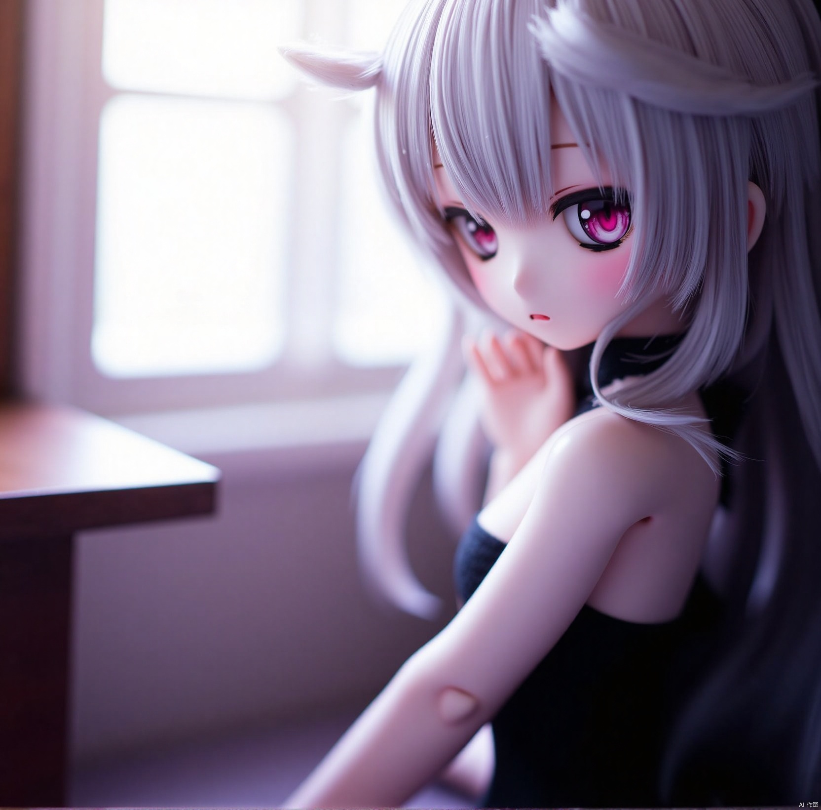 dim1 dim1-ff40745b5cMI. dim2 dim2-2 dim2-2-b0. dim3 dim3-paysage. 1girl. solo. animal ears. grey hair. colored sclera. looking at viewer. black sclera. blurry. window. expressionless. closed mouth. upper body. sidelocks. long hair. indoors
