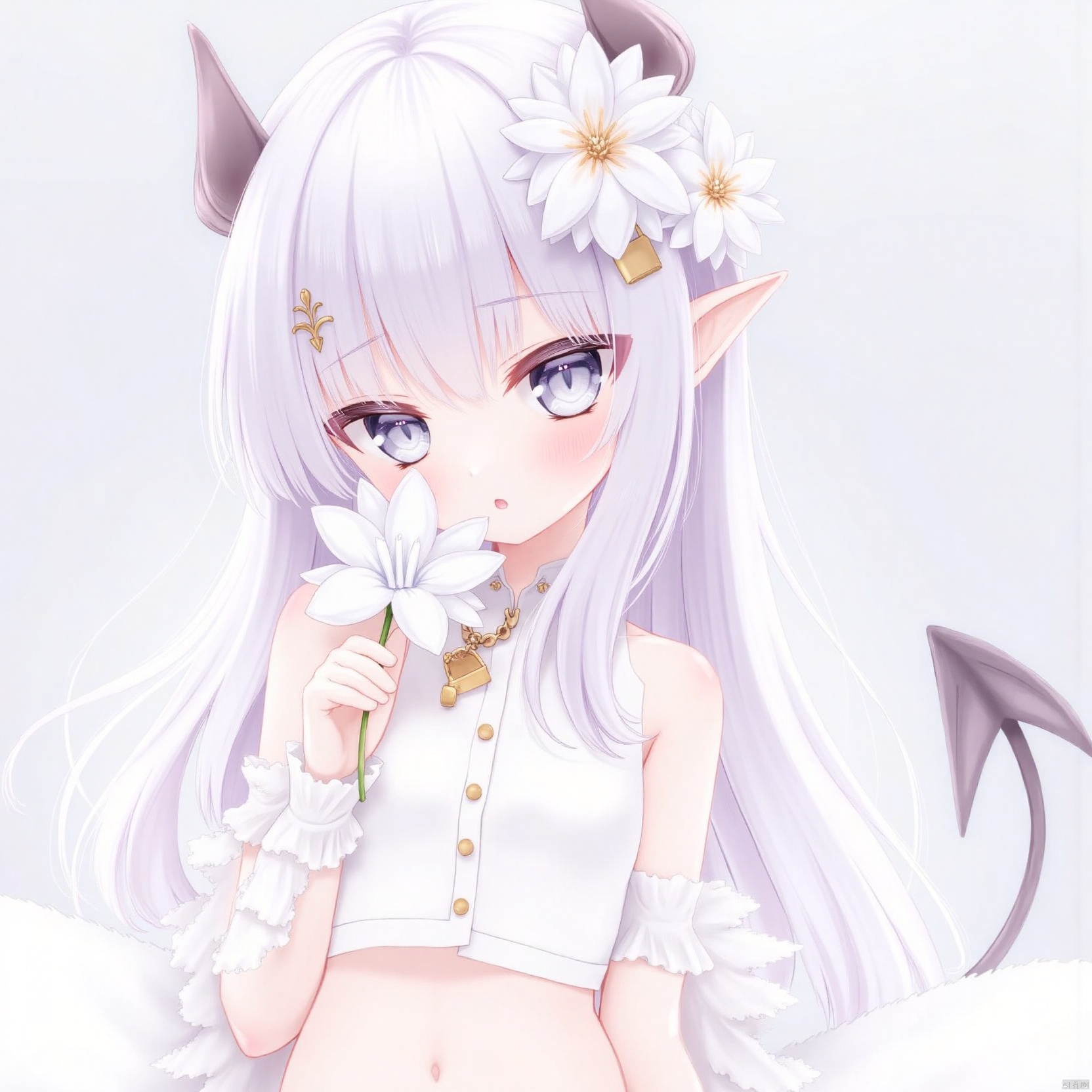 dim1 dim1-5d8cb33c. dim2 dim2-0. dim3 dim3-portrait. 1girl. flower. white flower. solo. horns. parted lips. hair ornament....