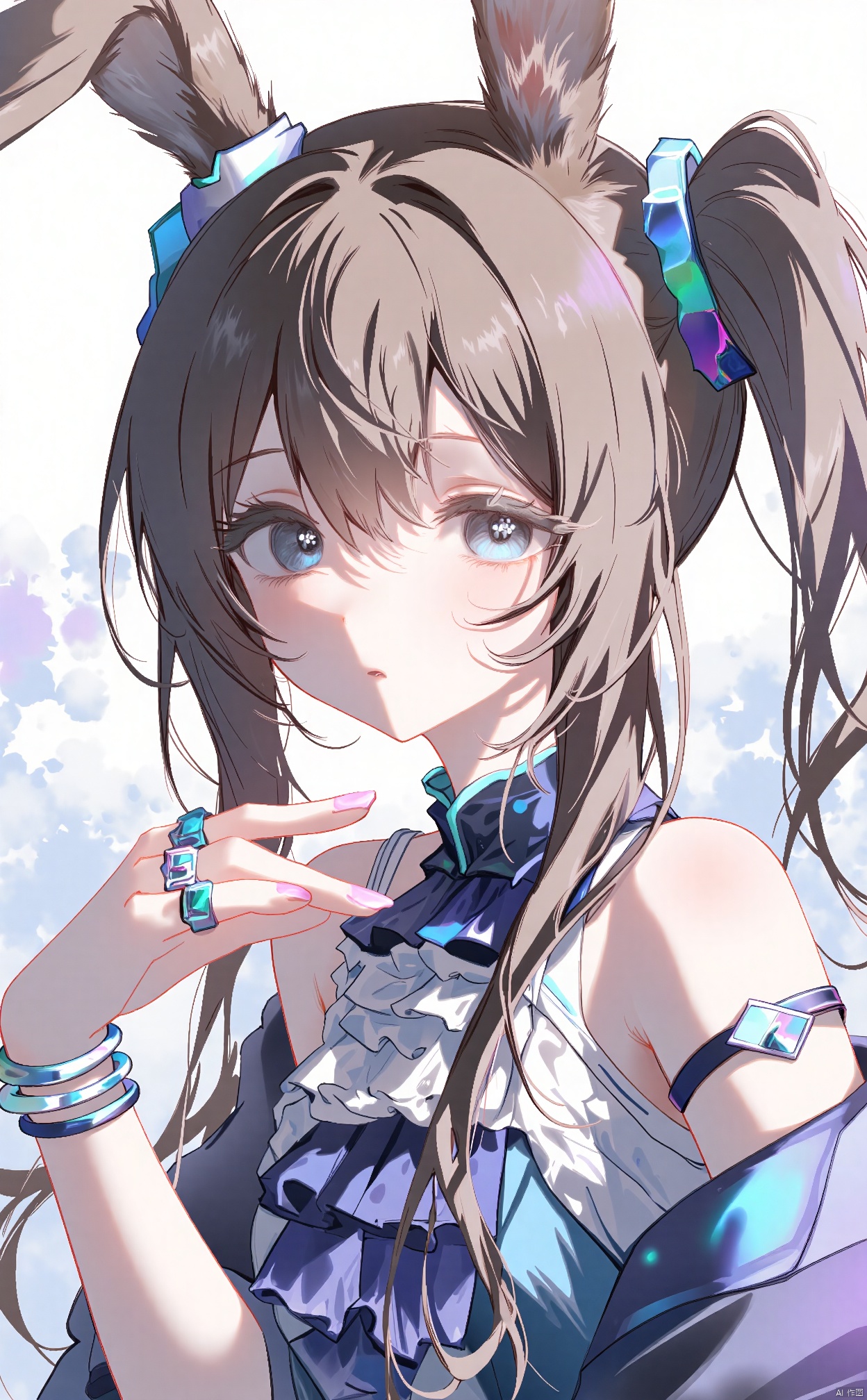 
solo
long hair
looking at viewer
bangs
blue eyes
brown hair,,,
animal ears
hair between eyes
very long hair
ponytail
rabbit ears
ring
rabbit girl
multiple rings
thumb ring
amiya \(arknights\),single drill