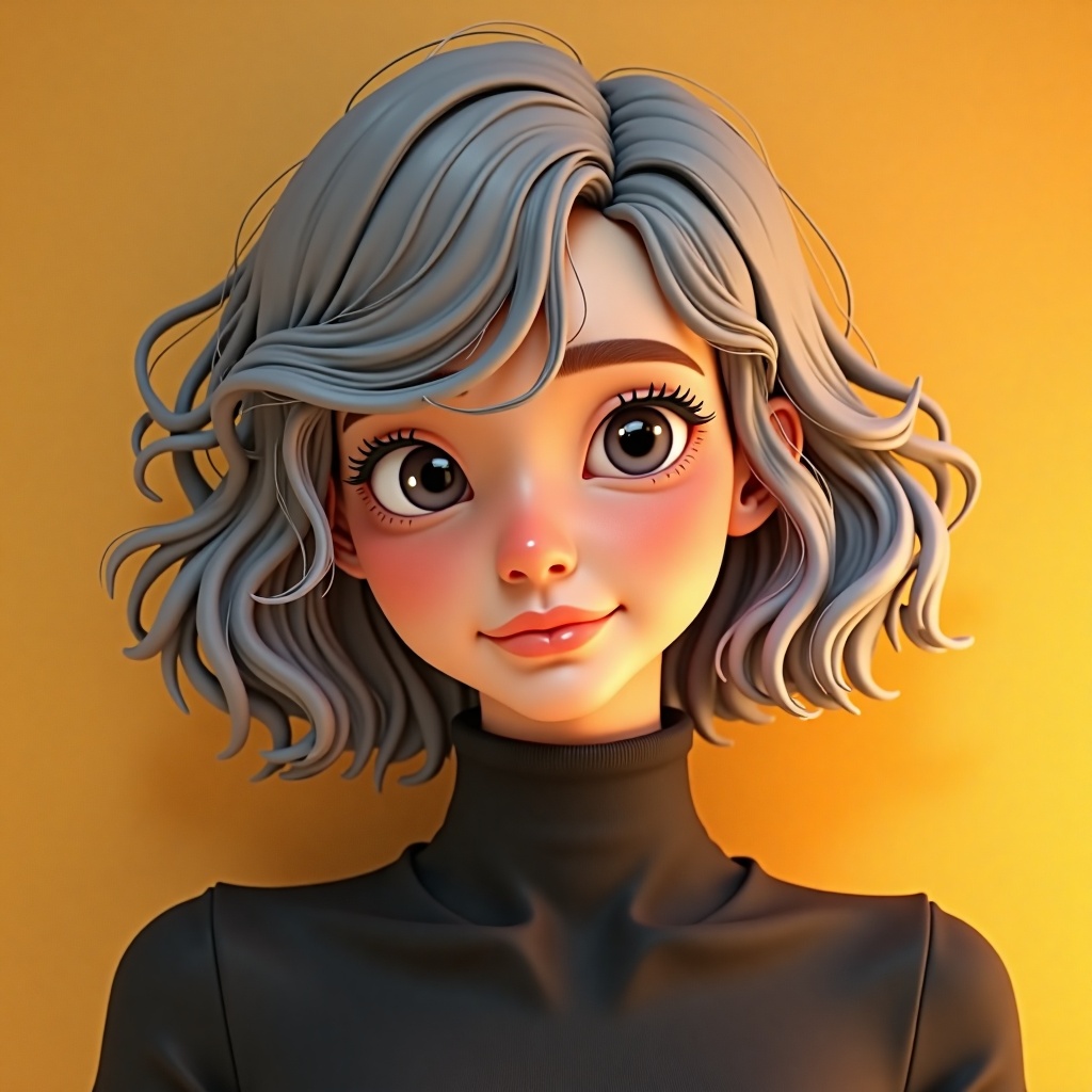 A young woman with a matte surface and texture like clay in 3D animation. There is no shine. Her expression has an air of...