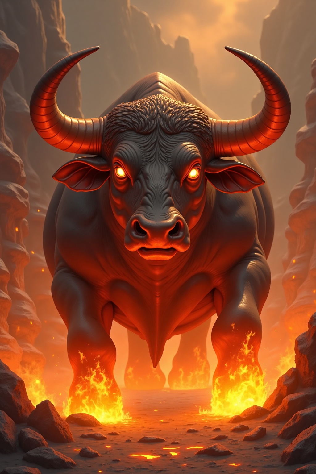 Enormous bulls of molten iron with eyes that glow like hot coals. Their horns can ignite any flame. They inhabit the forge...