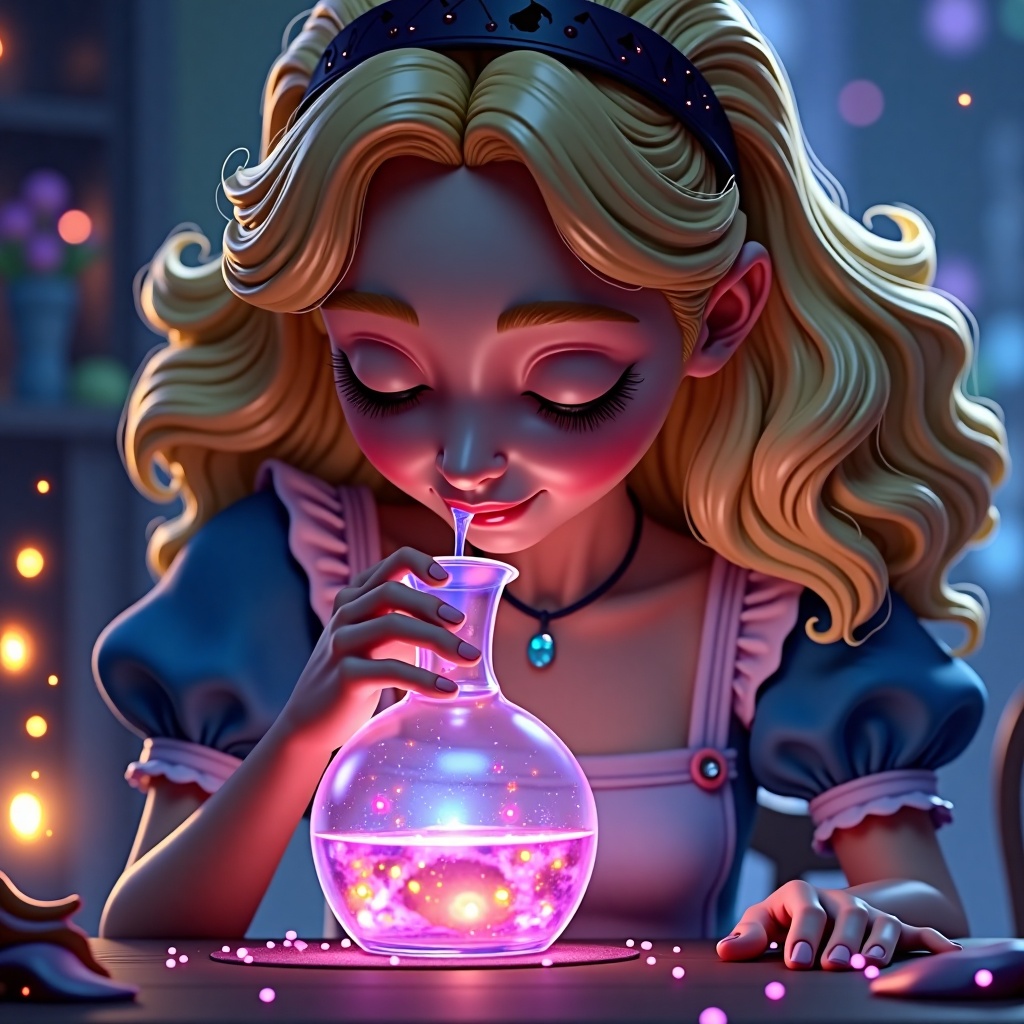 3D pixar styleAlice tilts the bottle to her lips,  eyes closed in concentration. The potion glows brightly as it nears her...