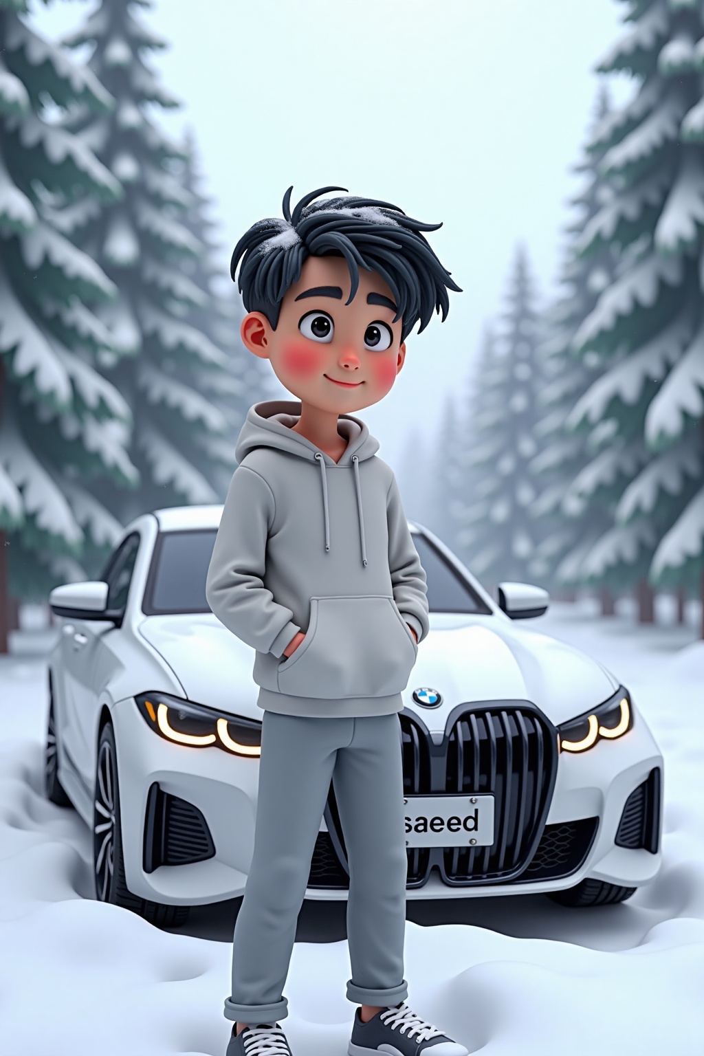 A 3D animated-style illustration of a young man standing in front of a white BMW car with a winter setting. The character...