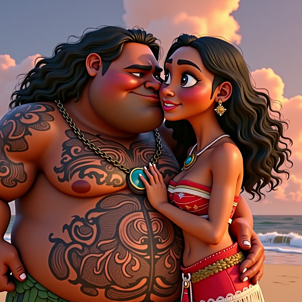 Moana kissing a fat,  ugly man on the lips. 3D animation style. Moana should have her eyes closed,  and the man should hav...
