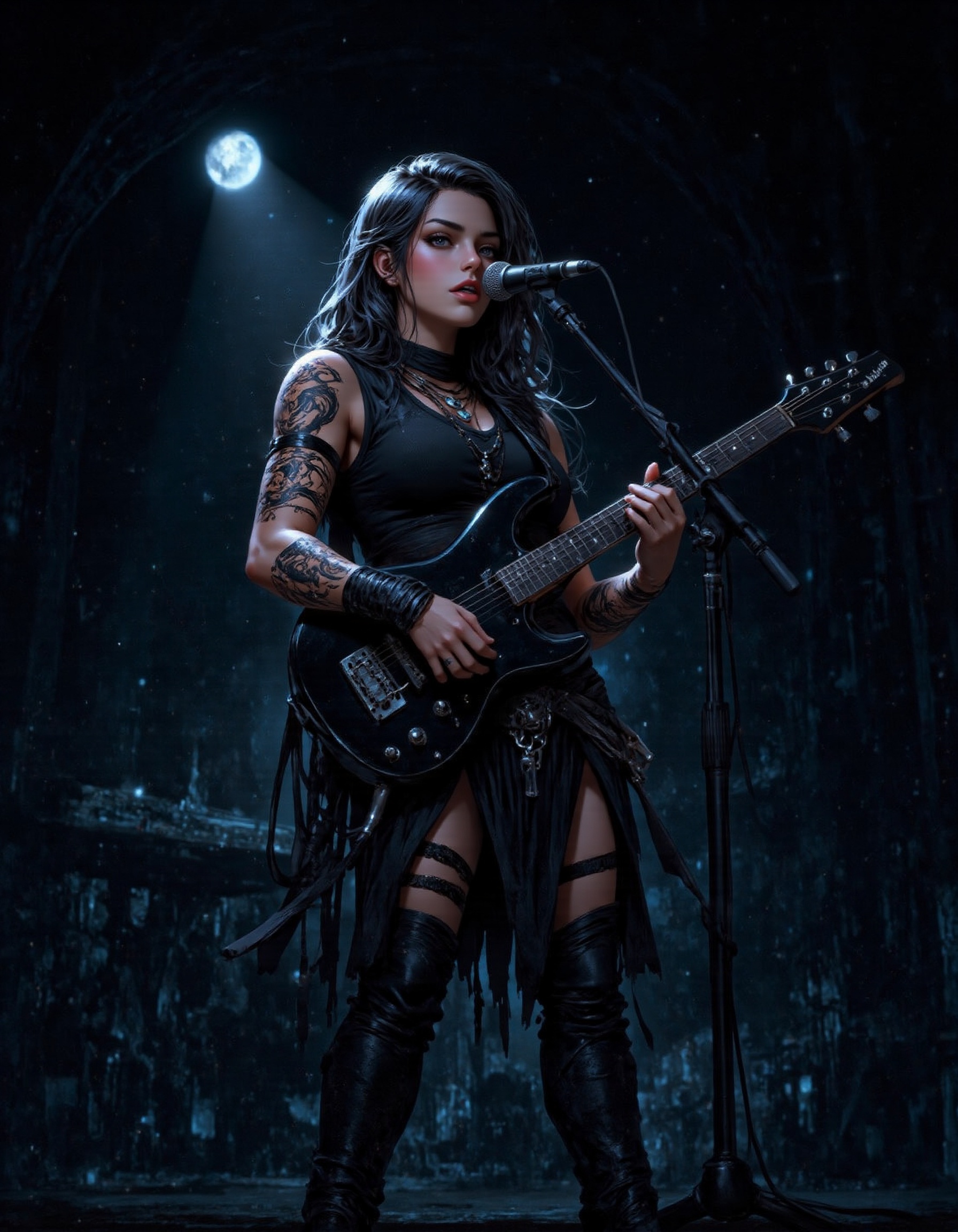 A darkened stage is lit by a single spotlight,  highlighting the cyberpunk girl's striking features. She strums her guitar...