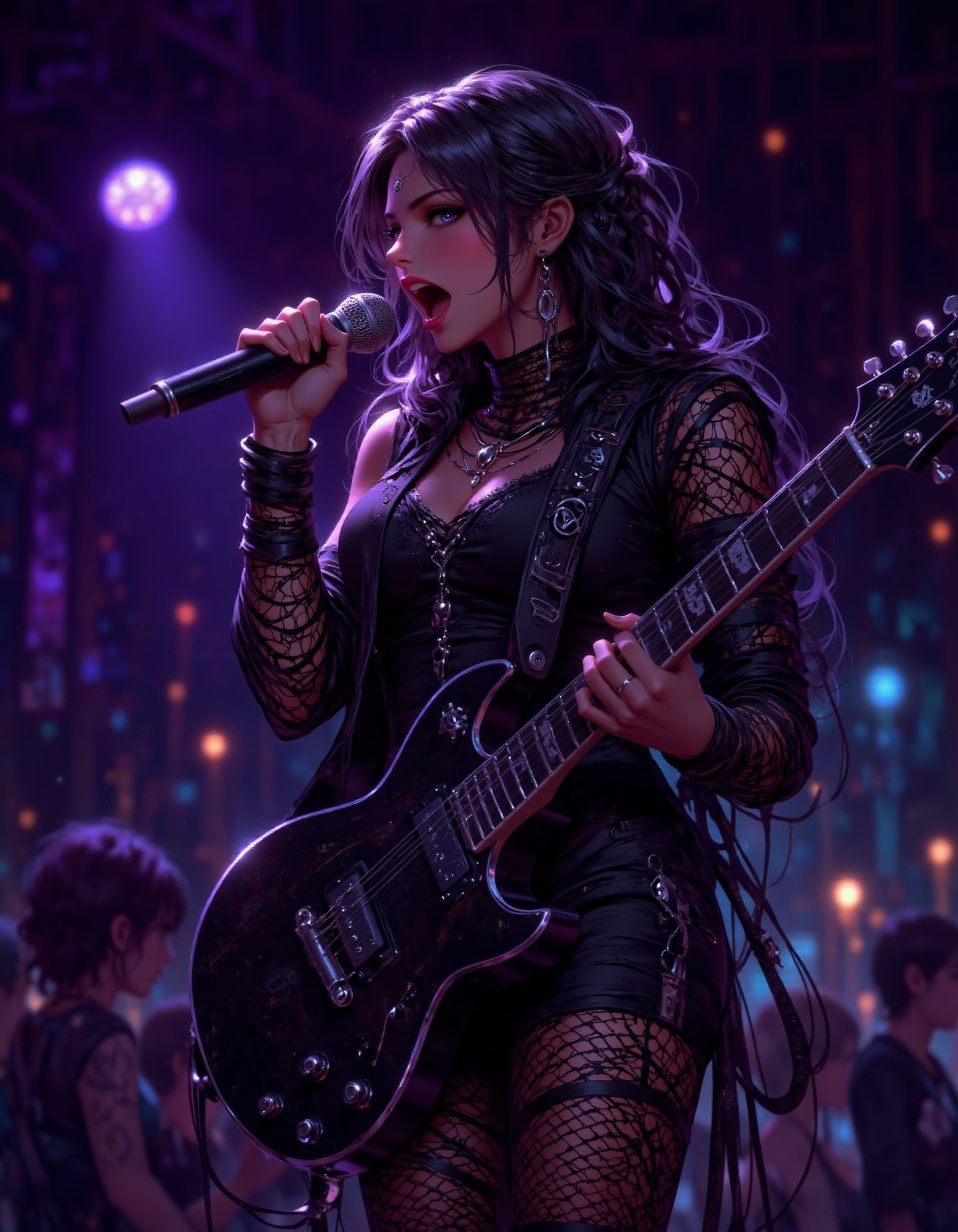 Cyberpunk girl with implants stands seductively on stage,  guitar in hand,  belting out a rock anthem into the microphone....