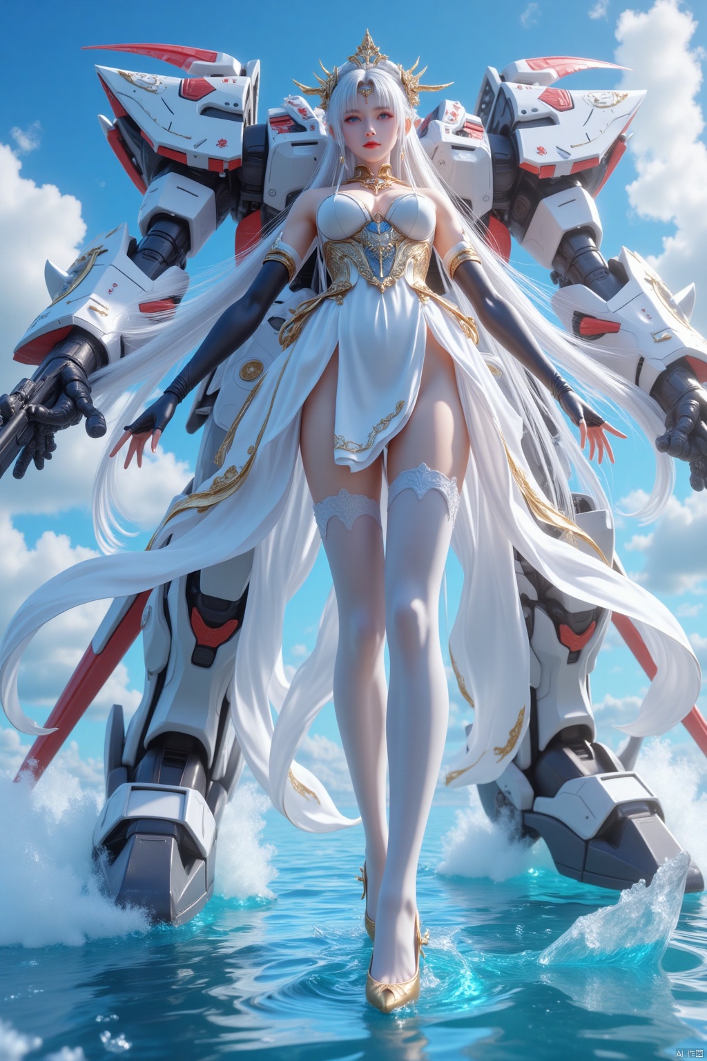 1girl,solo,long hair,breasts,looking at viewer,blue eyes,large breasts,thighhighs,gloves,dress,cleavage,bare shoulders,very long hair,blue hair,standing,full body,weapon,white hair,sky,elbow gloves,cloud,water,white dress,high heels,headgear,polearm,machinery,turret,cannon,absurdly long hair,rigging,standing on liquid,non-humanoid robot, highly detailed,ultra-high resolution,32K UHD,sharp focus,best-quality,masterpiece,Emotionalization,golden hour,unconventional supreme masterpiece,masterful details,temperate atmosphere,with a high-end texture,in the style of fashion photography,magazine cover,Dynamic Angle,Dynamic posture,
