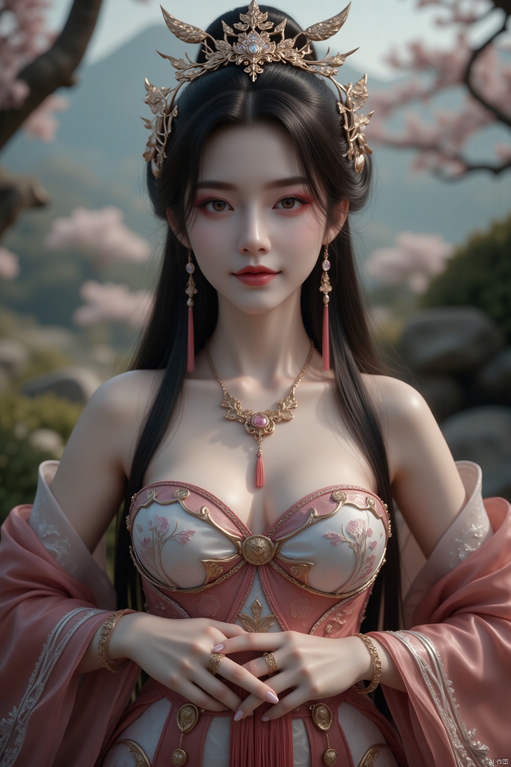 1girl,solo,long hair,breasts,looking at viewer,black hair,hair ornament,navel,jewelry,medium breasts,outdoors,midriff,necklace,bracelet,depth of field,blurry background,facial mark,pelvic curtain,backlighting,realistic,high detailed skin,(detailed skin:1.1),eyelashes,makeup,pink lipstick,tassel,pale skin,light pink eyeshadow,makeup,translucent,romanticism art by Jean-Léon Gérôme and Conrad Roset,Painting,singularity black rivers ripple their banks in the depth-spanning evocative form of this pullarist and whimsical creation: one with an intelligent figure who radiatest passion and intelligence. She wearstrupted into her impressionist physique to decipher what she wants out. She moves confidently across all shapes and sizes crafted from high fiber,carrying through a swirly energy network in which they are filled with complex parts. It is both terrifying for viewers and captivating melancholic.,luxurious sharp focus,intense,dynamic cinematic color,intricate detail,best,located artistic,Fashion and art,elegant and sophisticated,innovative use of light and shadow,capturing the glamour of mid-20th century fashion,Art Nouveau,decorative,allegorical,symbolic,highly detailed,ultra-high resolutions,32K UHD,sharp focus,best quality,masterpiece,golden hour,unconventional supreme masterpiece,masterful details,temperate atmosphere,(balanced center composition:0.5),with a high-end texture,in the style of fashion photography,magazine cover,Dynamic Angle,Dynamic posture,Perspective,High Point,pov,clouds on the ground,low saturations,dim lighting,high detailed skin,(detailed skin:1.1),
