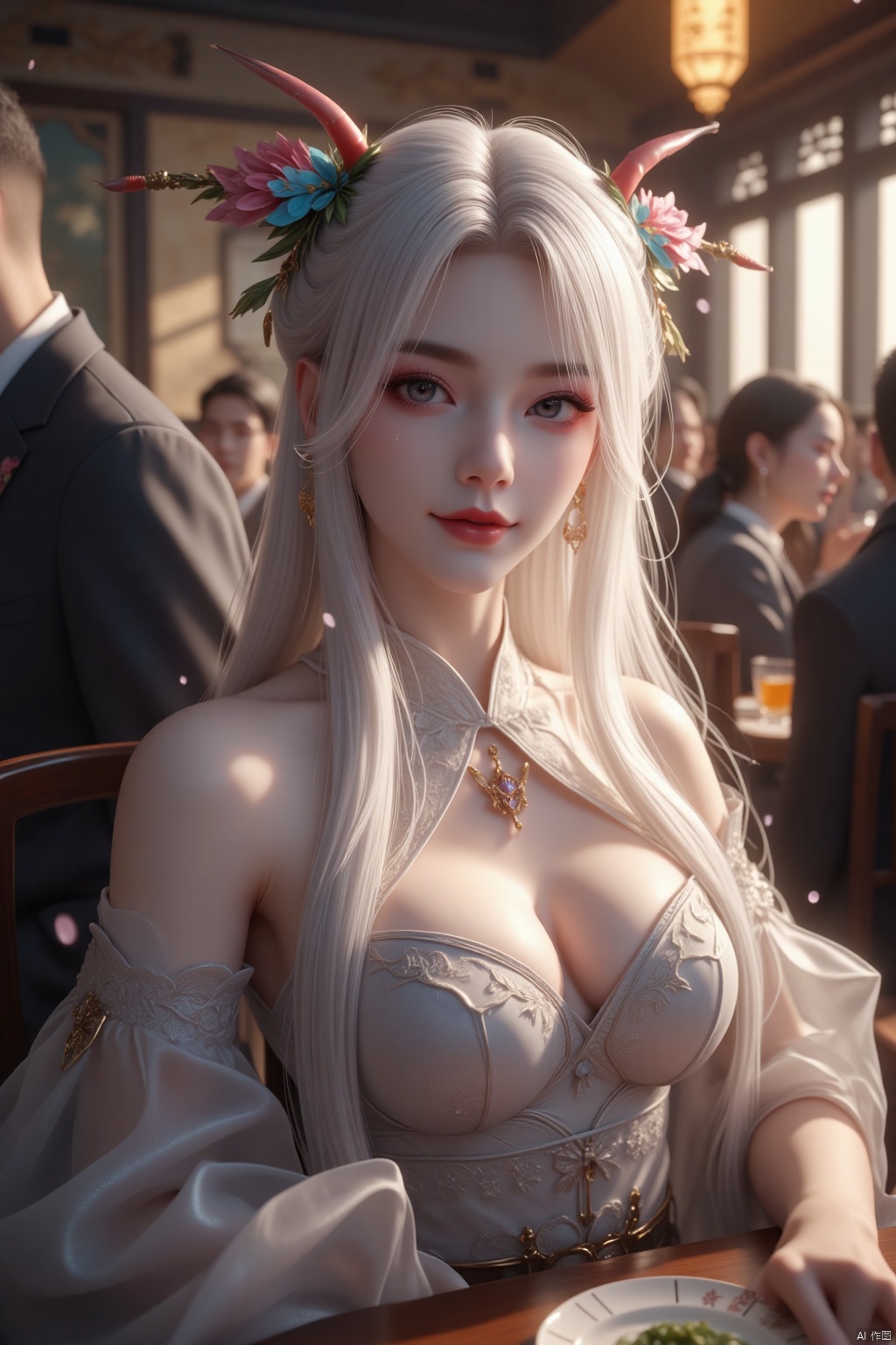 1girl,crowd,long hair,white hair,light smile,looking at viewer,GX_style,pale skin, sitting,grey eyes,eyelashes,lipstick,light eyeshadow,makeup,realistic,high detailed skin,(detailed skin:1.1),Skindentation,skin depression, highly detailed,ultra-high resolution,32K UHD,sharp focus,best-quality,masterpiece,golden hour,unconventional supreme masterpiece,masterful details,temperate atmosphere,with a high-end texture,in the style of fashion photography,Dynamic Angle,(Dynamic posture:1.1),detailxl,full-face blush,sideboob,restaurant,table,lace,(hanfu:1.2),leaf hair accessories,antlers,