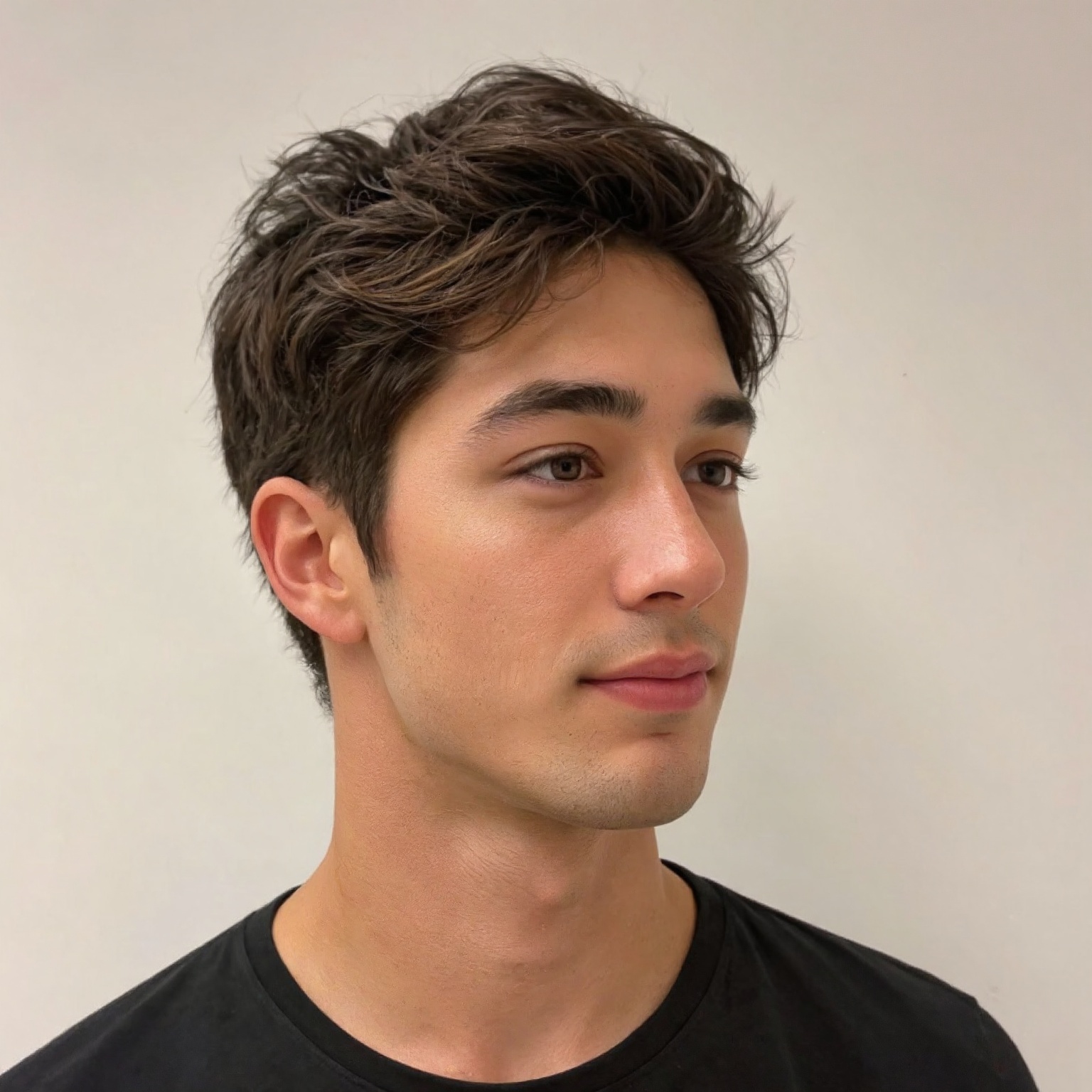 A close-up portrait of a young Asian man with dark brown eyes and a black t-shirt. His hair is styled in a short bob. His...