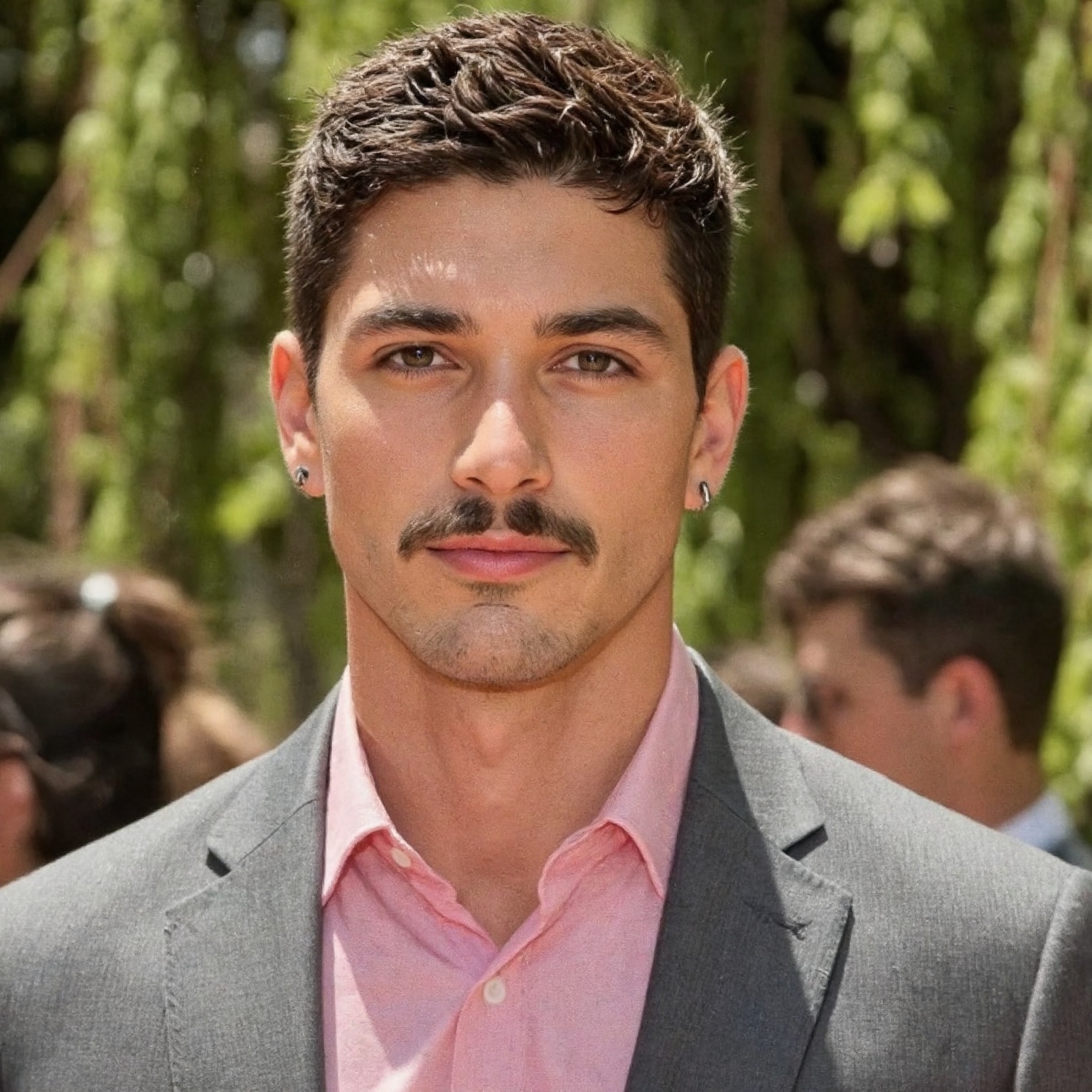 A close-up shot of a man with dark brown hair,  a mustache,  and a pink collared button-down shirt. He is wearing a gray s...