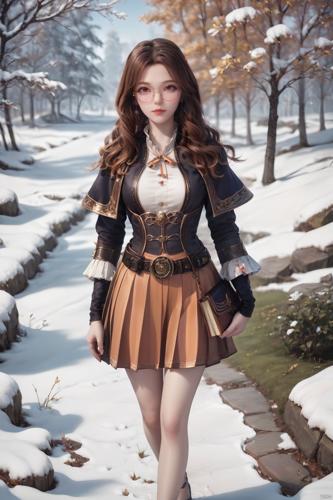 score_9_up,score_8_up,score_7_up,(Masterpiece, Best Quality, Photorealistic, High Resolution, 8K Raw), 
1girl, solo, long hair, breasts, looking at viewer, round eyewear,  skirt, brown hair, shirt, long sleeves, ribbon, holding, brown eyes, jewelry, closed mouth, standing, full body, white shirt, pleated skirt, outdoors, frills, day, belt, bag, black footwear, high heels, tree, coat, book, neck ribbon, capelet, shadow, ground vehicle, snow, holding book, walking, brown skirt, handbag, orange skirt, winter, bare tree