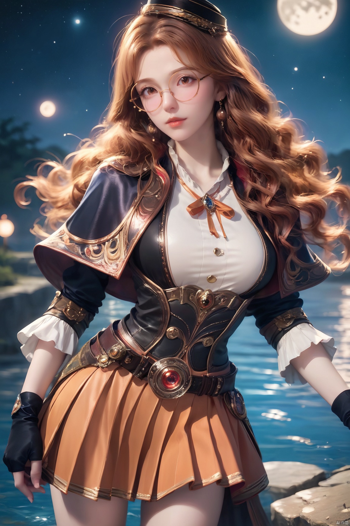 score_9_up,score_8_up,score_7_up,(Masterpiece, Best Quality, Photorealistic, High Resolution, 8K Raw), 
1girl, solo, long hair, breasts, looking at viewer, skirt, brown hair, gloves, hat, brown eyes, jewelry, standing, pleated skirt, earrings, outdoors, glasses, black gloves, belt, fingerless gloves, water, lips, night, wavy hair, moon, full moon, round eyewear, orange skirt