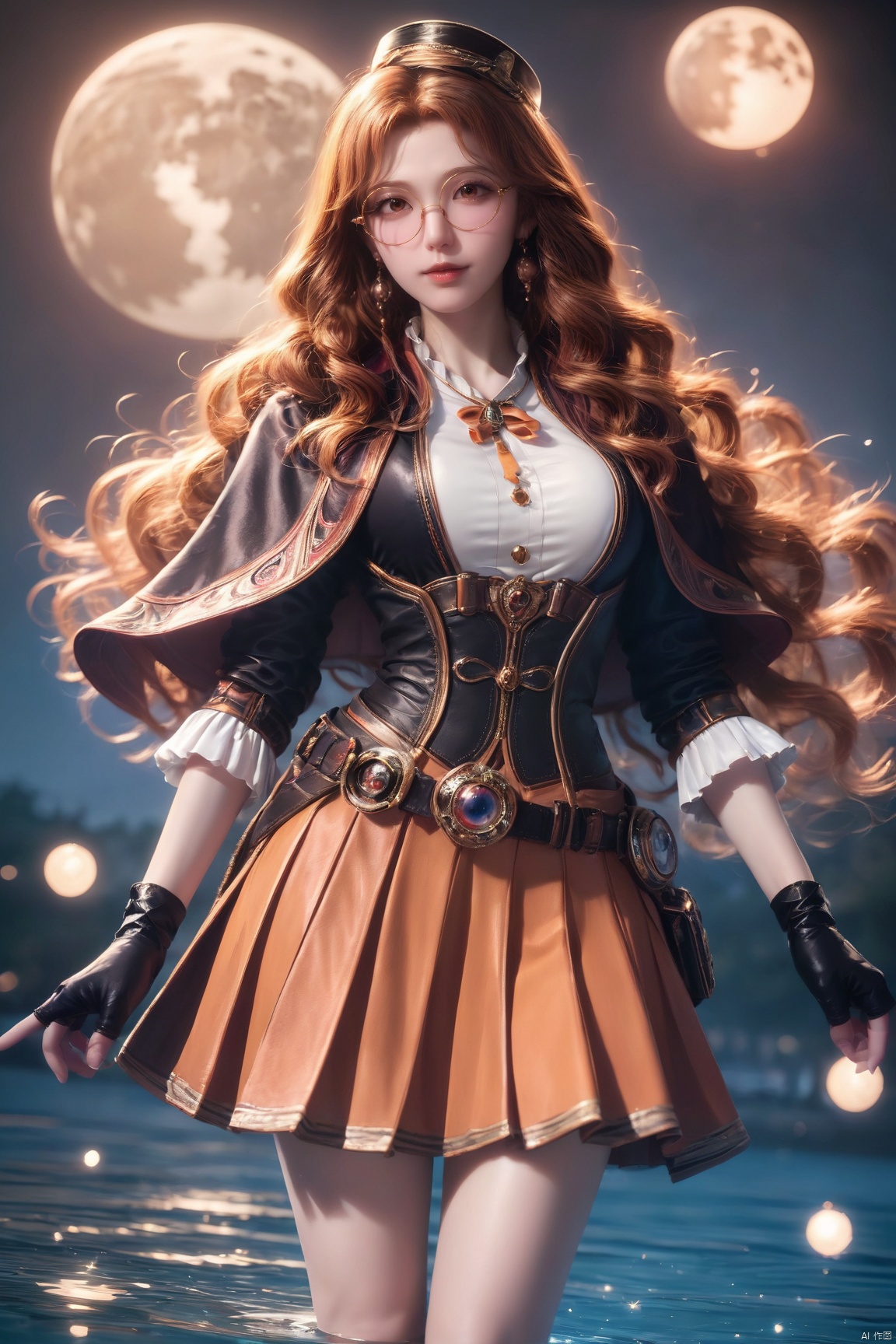 score_9_up,score_8_up,score_7_up,(Masterpiece, Best Quality, Photorealistic, High Resolution, 8K Raw), 
1girl, solo, long hair, breasts, looking at viewer, skirt, brown hair, gloves, hat, brown eyes, jewelry, standing, pleated skirt, earrings, outdoors, glasses, black gloves, belt, fingerless gloves, water, lips, night, wavy hair, moon, full moon, round eyewear, orange skirt