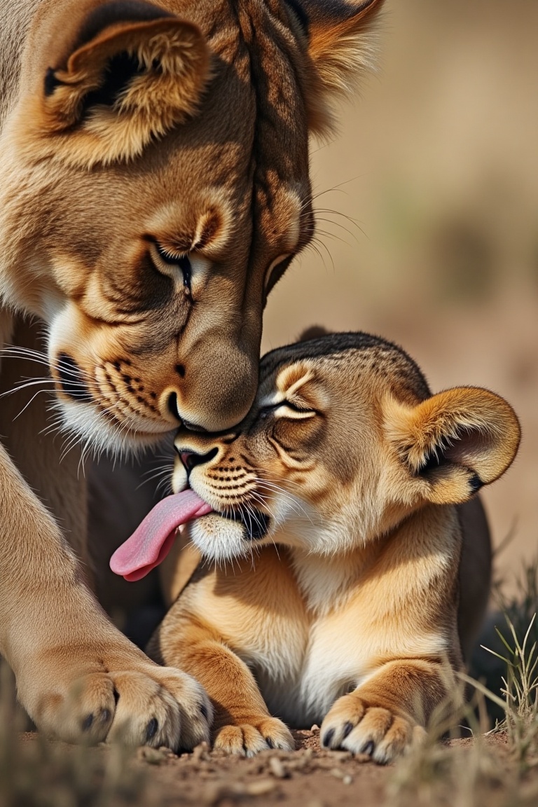 Close-up of a lioness tenderly grooming her cub,  her tongue smoothing his fur as he leans into her touch with a relaxed e...