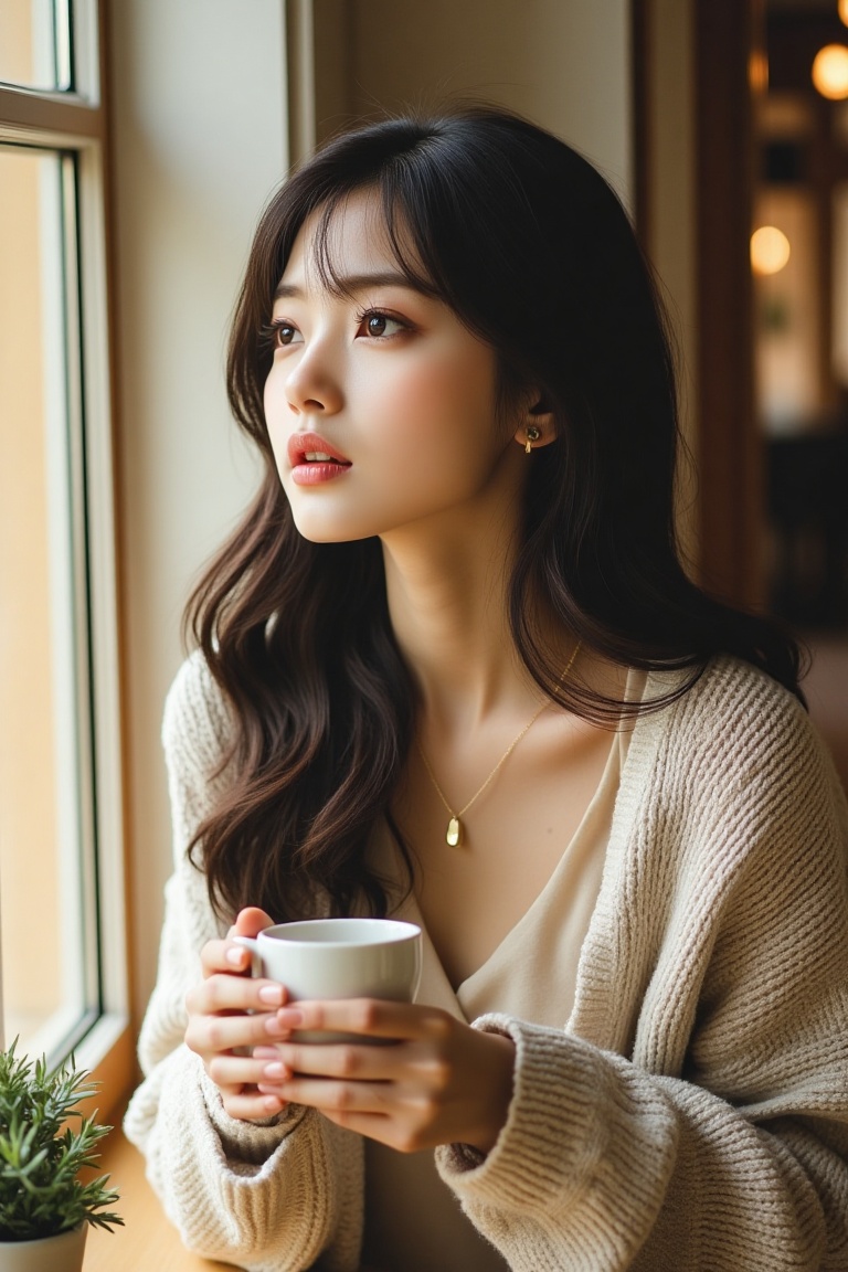 A beautiful Korean woman in her 30s with long,  wavy hair and soft bangs,  sitting by a window holding a coffee cup. She h...