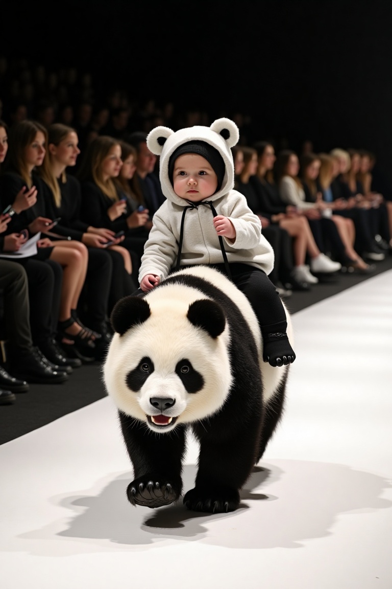 A baby dressed in a panda costume riding on the back of a panda,  walking down a fashion show runway. The scene is surroun...