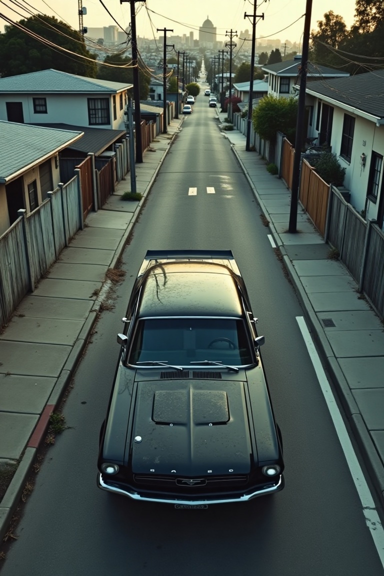 A black Mustang driving through the streets of LA,  viewed from a bird's-eye perspective. The background features rundown...