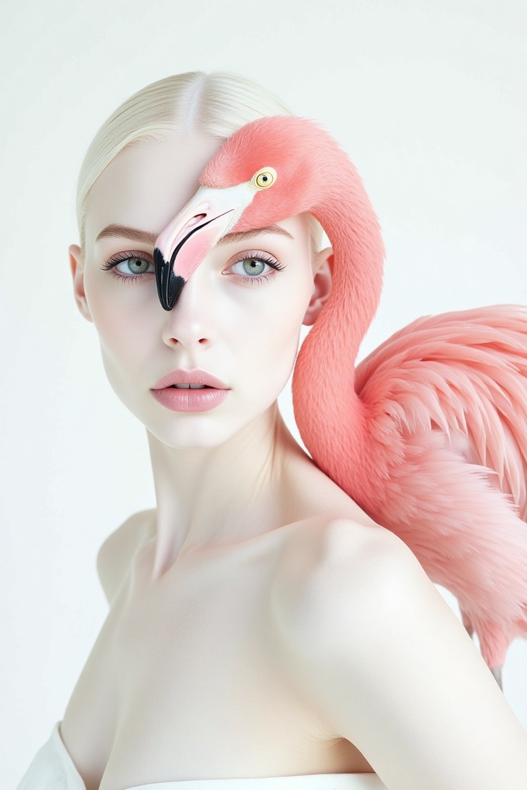 A beautiful albino woman with striking eyes,  standing confidently with a pink flamingo perched on her shoulder. The flami...
