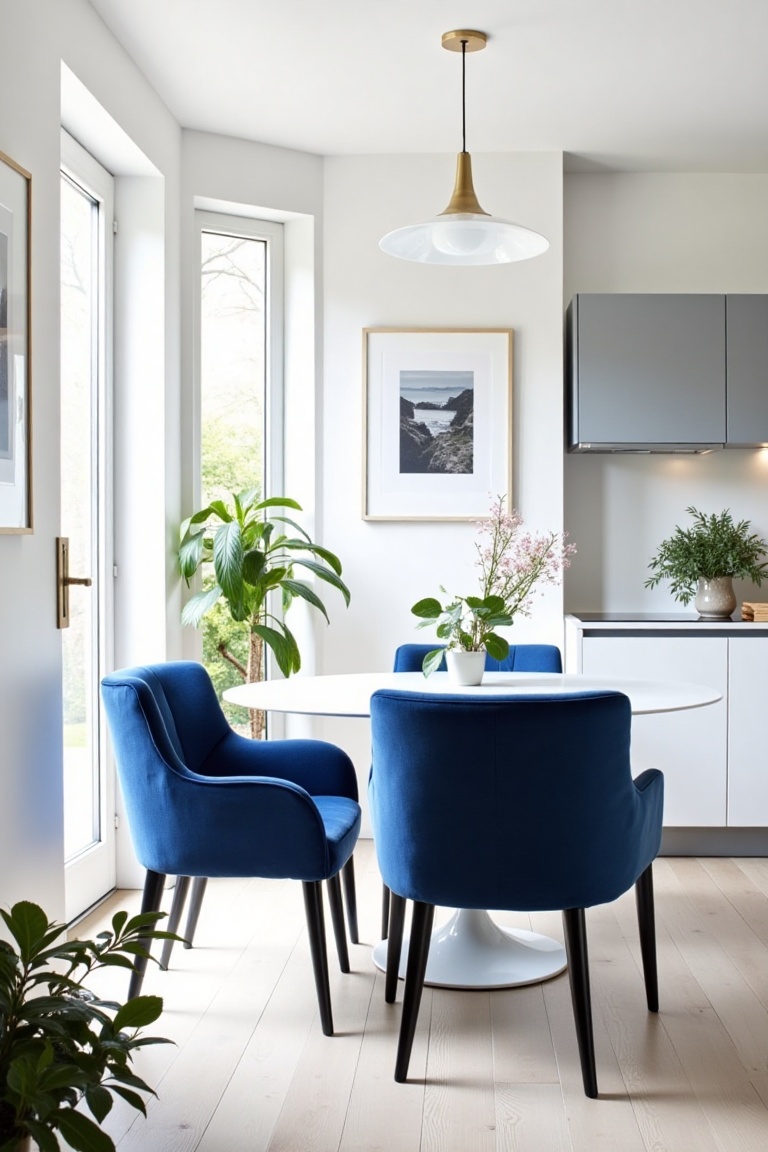 Blue velvet dining chairs in a Scandinavian kitchen,  set against white walls and a white table. Plants adorn the table,...