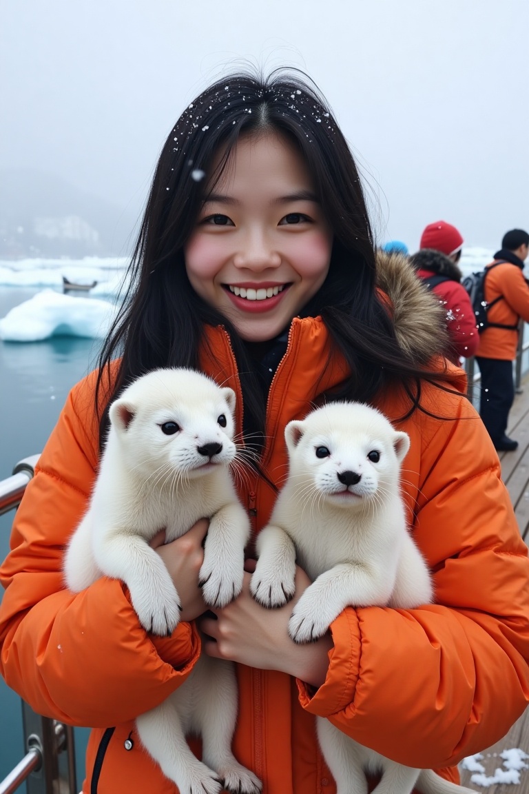 A high-definition photo of an Asian beauty with long black hair,  holding two small white otters on a deck. The otters hav...