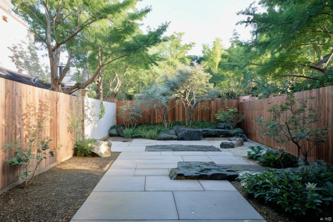 Captured from a high-angle perspective on a sunny day, a stone garden is flanked by a wooden privacy fence. The garden is composed of small, gray stones, and a white tiled walkway. The stones are arranged in a row, adding a touch of greenery to the scene. The walkway leads to a brick building, adorned with a black awning over the entrance. To the right of the walkway, a large tree with green leaves stands in front of the building. The sky is a pale pink, with a few wispy clouds in it.