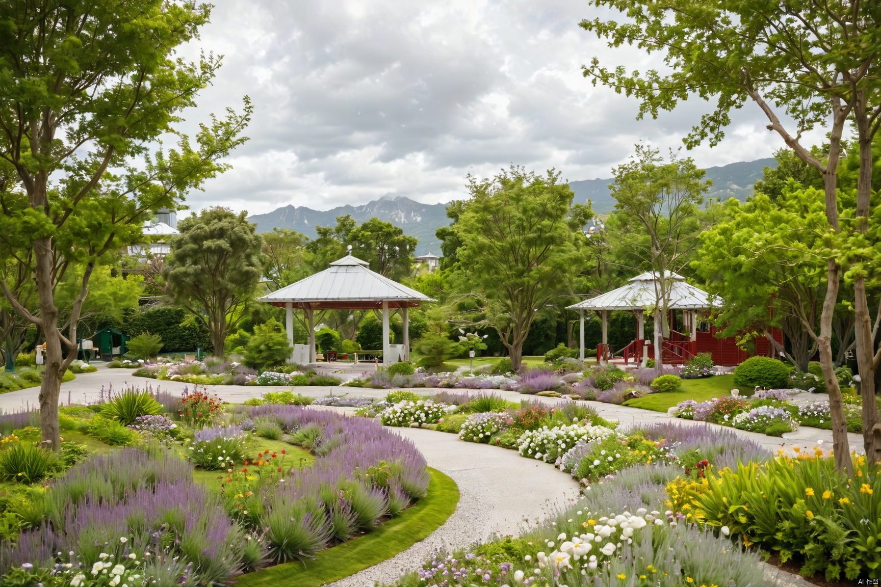 Captured at eye-level on a vibrant day, a beautiful landscape features a circular garden of lavender, white, and yellow flowers. The garden is situated in the middle of a lush green lawn, with a winding walkway in the foreground. The walkway leads to a red building, adorned with a white roof, is flanked by a row of green trees. In the background, a mountain range can be seen, dotted with white clouds. To the left of the garden, a small white building with a green awning is situated, adding a pop of color to the scene.