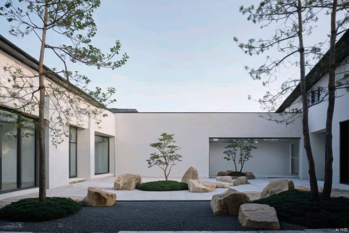 Captured at eye-level on a low-angle shot of a white building with a black roof. The building is adorned with two windows, one on each side of the building and the other on the right side. The windows are framed with black frames. In front of the windows, there is a small tree planted on the ground, adding a touch of greenery to the scene. In the foreground, there are a few large rocks arranged in a row, adding contrast to the overall composition.