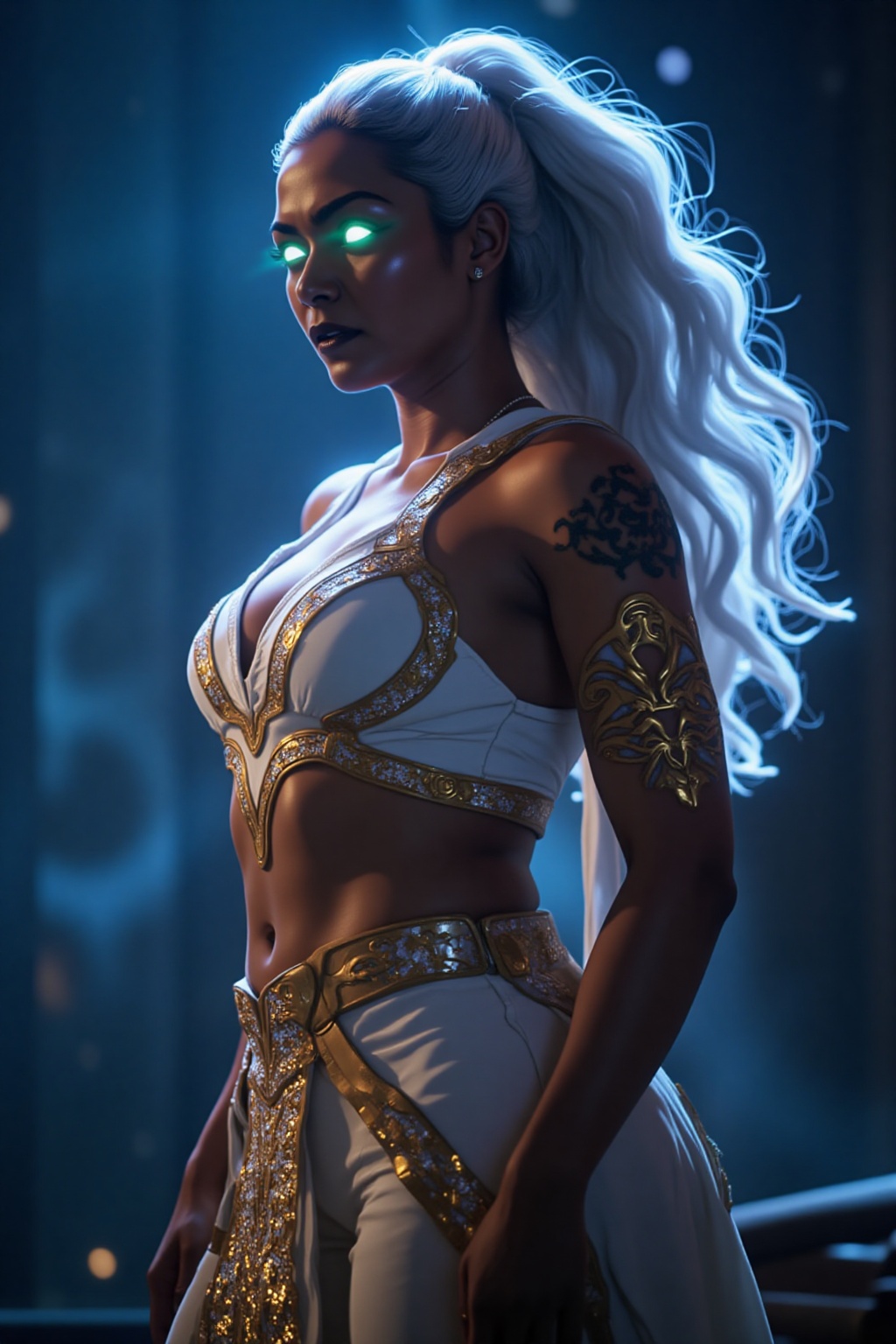 Before you stands an ethereal genie,  her form radiating with otherworldly beauty and power. Her smooth,  bronzed skin glo...