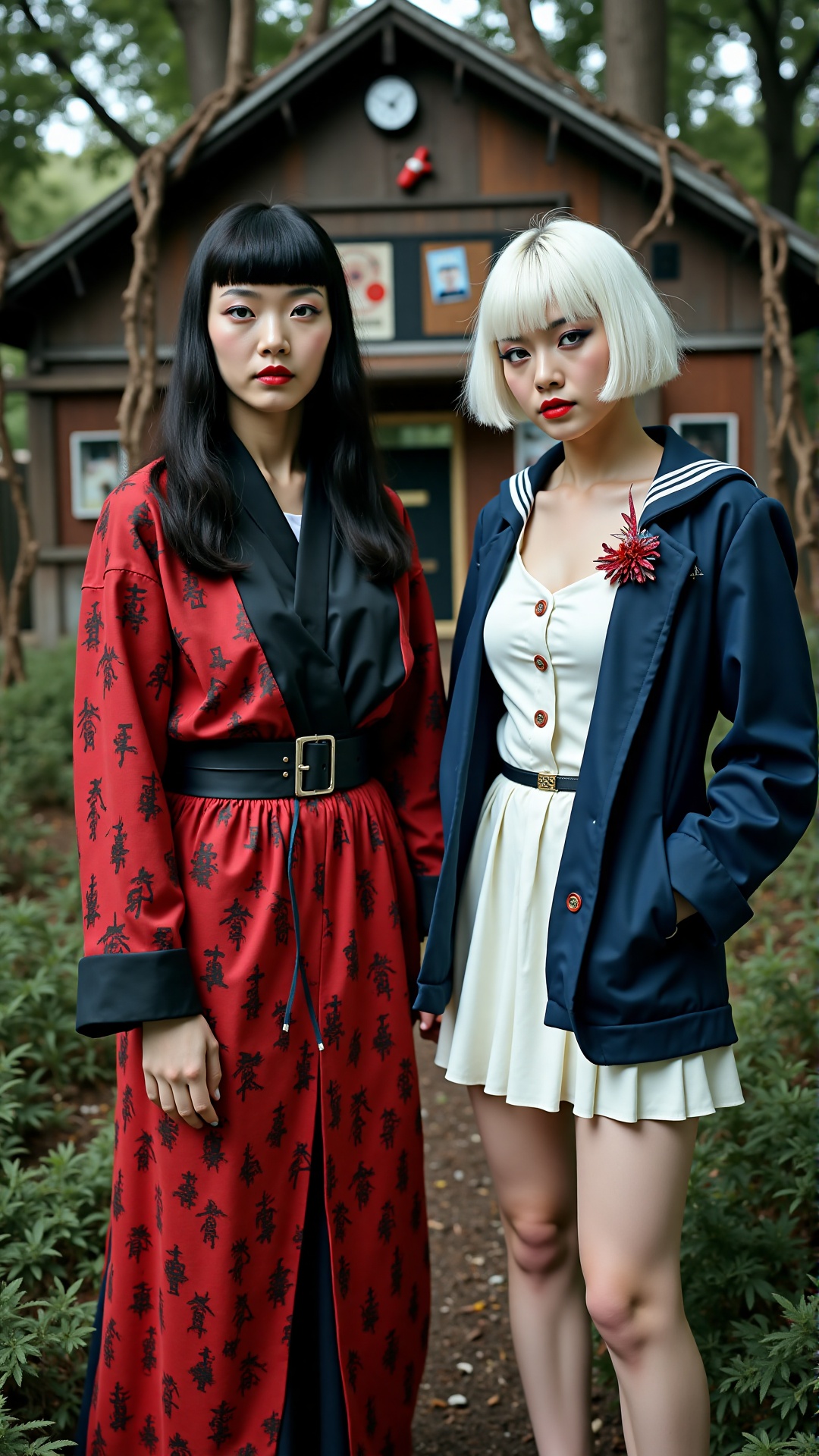 The photograph features two stunning Japanese women steeped in surreal,  avant-garde allure. One has long,  jet-black hair...