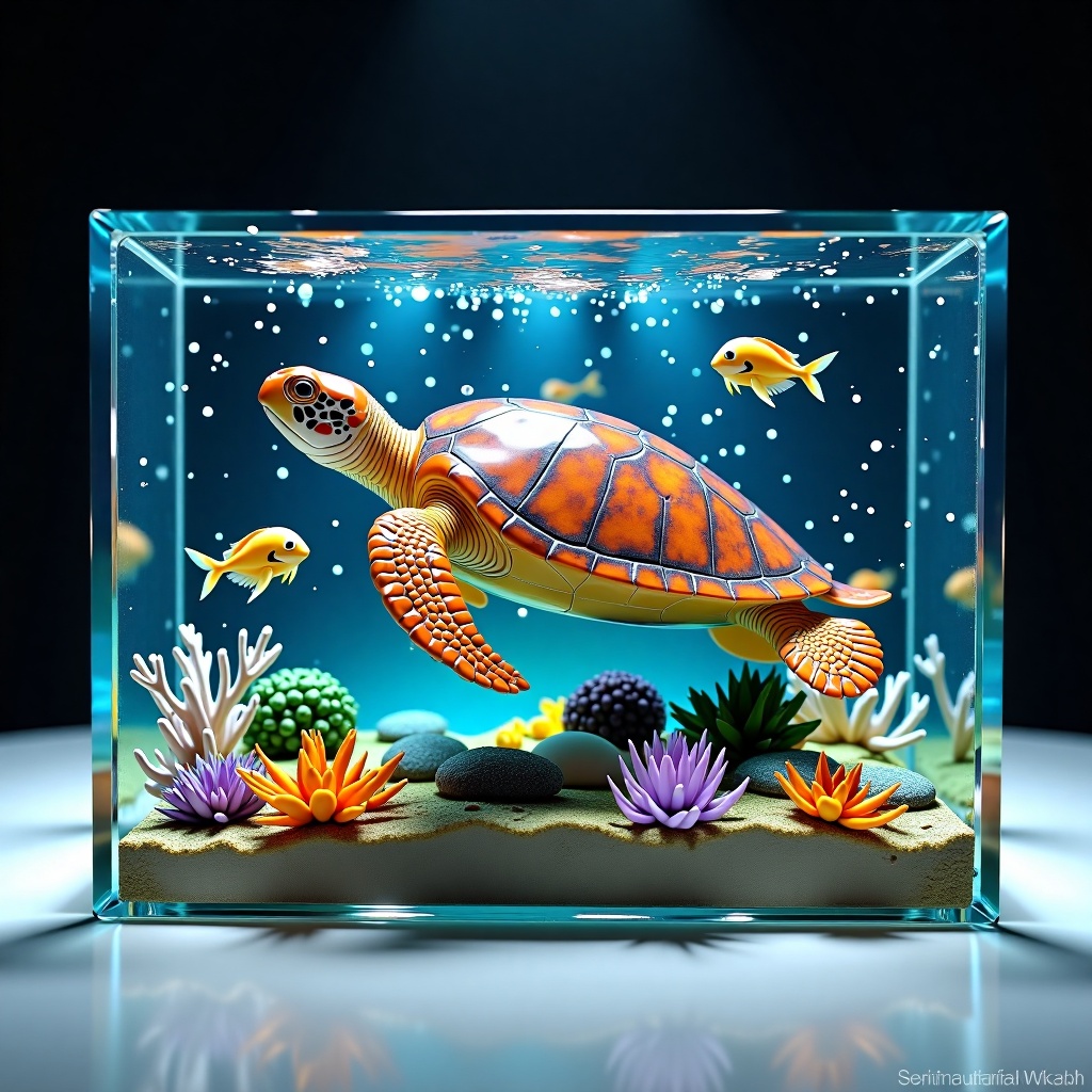 3d character hyper realistic Loggerhead turtle accompanied by pilotfishes swimming near the surface,  Azores Atlantic Ocea...