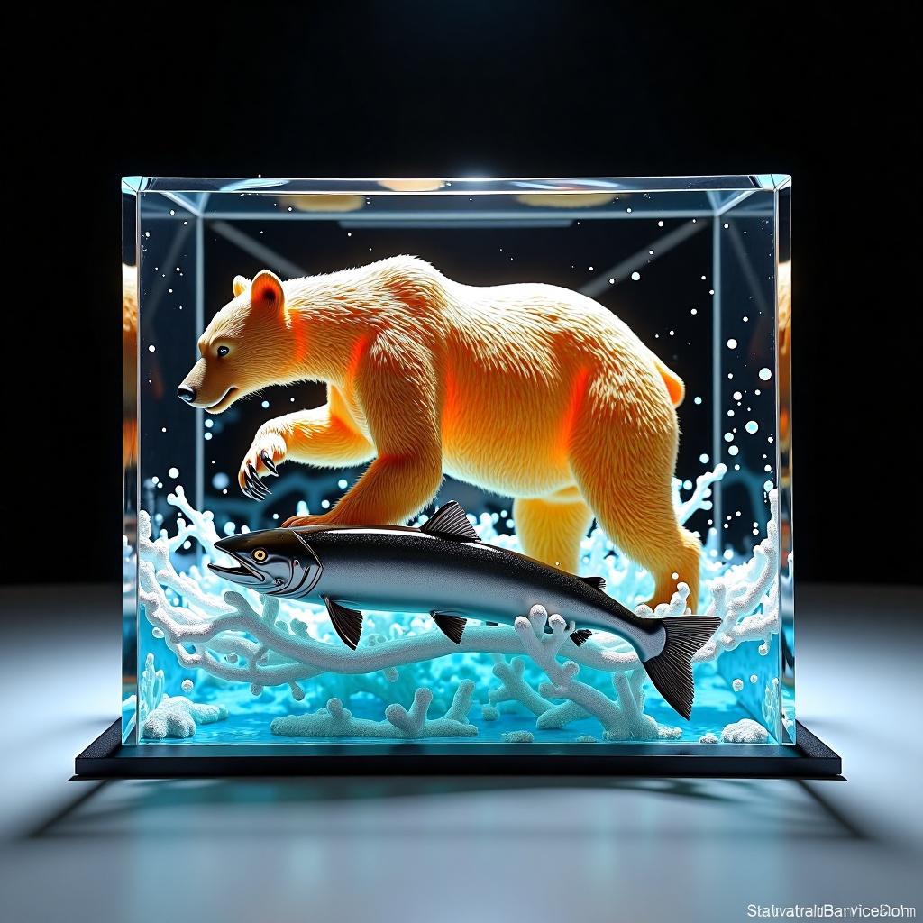 3d character hyper realistic Kamchatka Brown Bear Catching Salmon in River,  Kamchatka Through Water made detailed and vib...