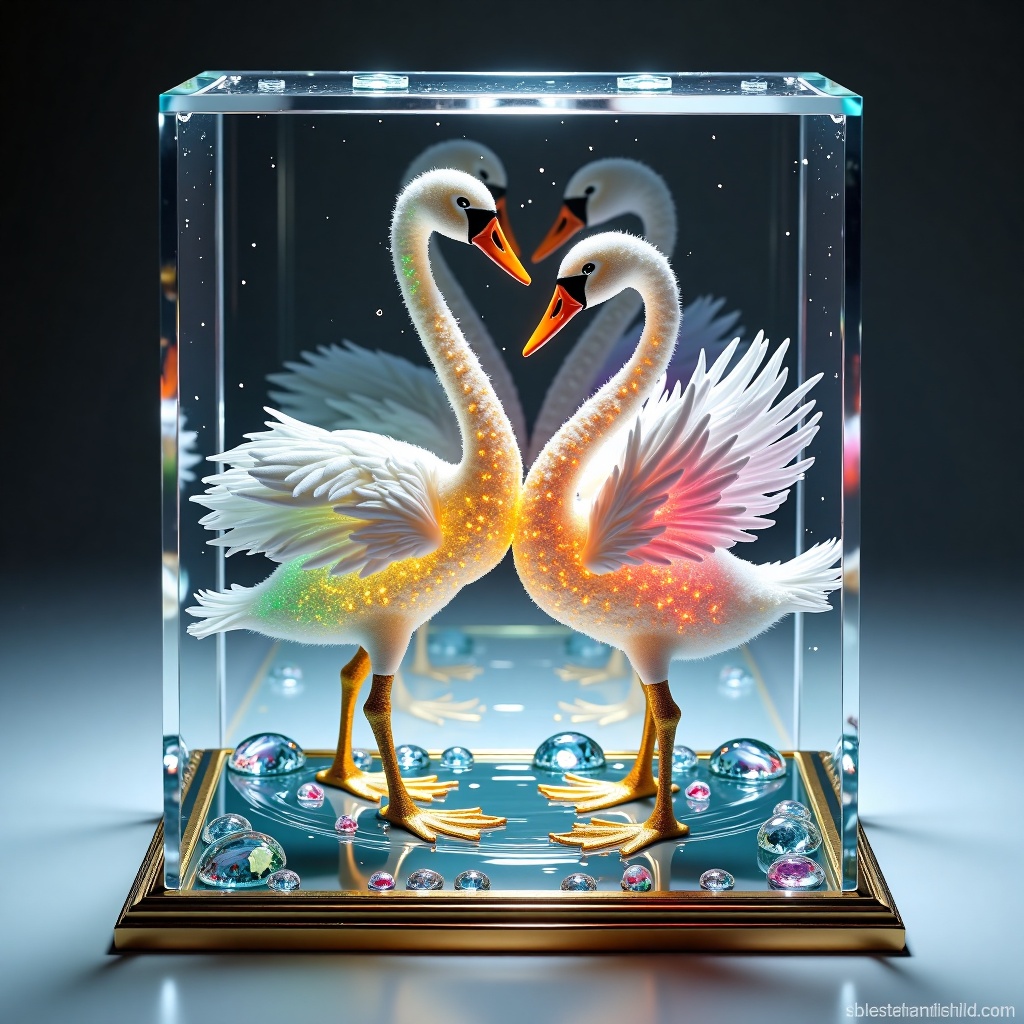 3d character hyper realistic Mute Swans of the Tsaro Pride Wading Through Water made detailed and vibrant transparent glas...