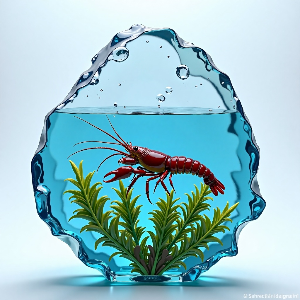 3d character hyper realistic Iceberg,  Antarctic Peninsula made detailed and vibrant transparent glass sculpture,  lobster...
