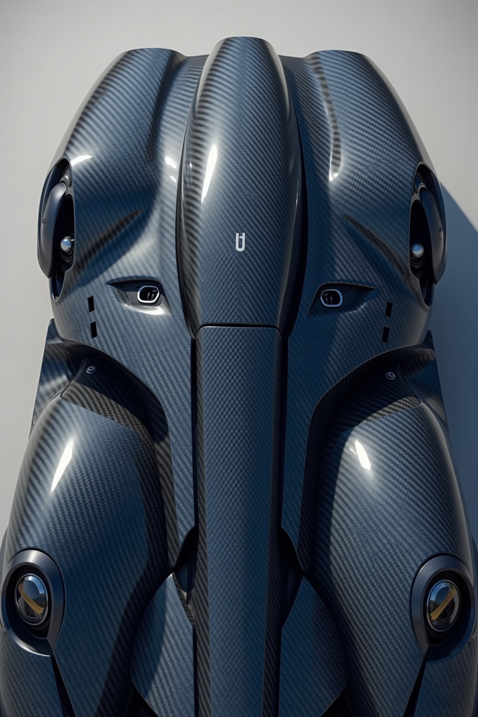 Generate a high-resolution image of a futuristic high performance vehicle with a carbon fiber body. The vehicle should hav...