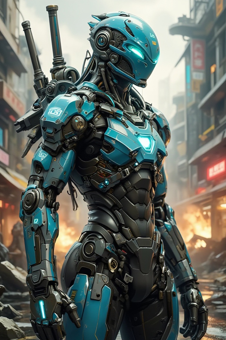 a high-resolution close-up image of a humanoid cyborg warrior standing in a futuristic battlefield. The cyborg’s body is c...