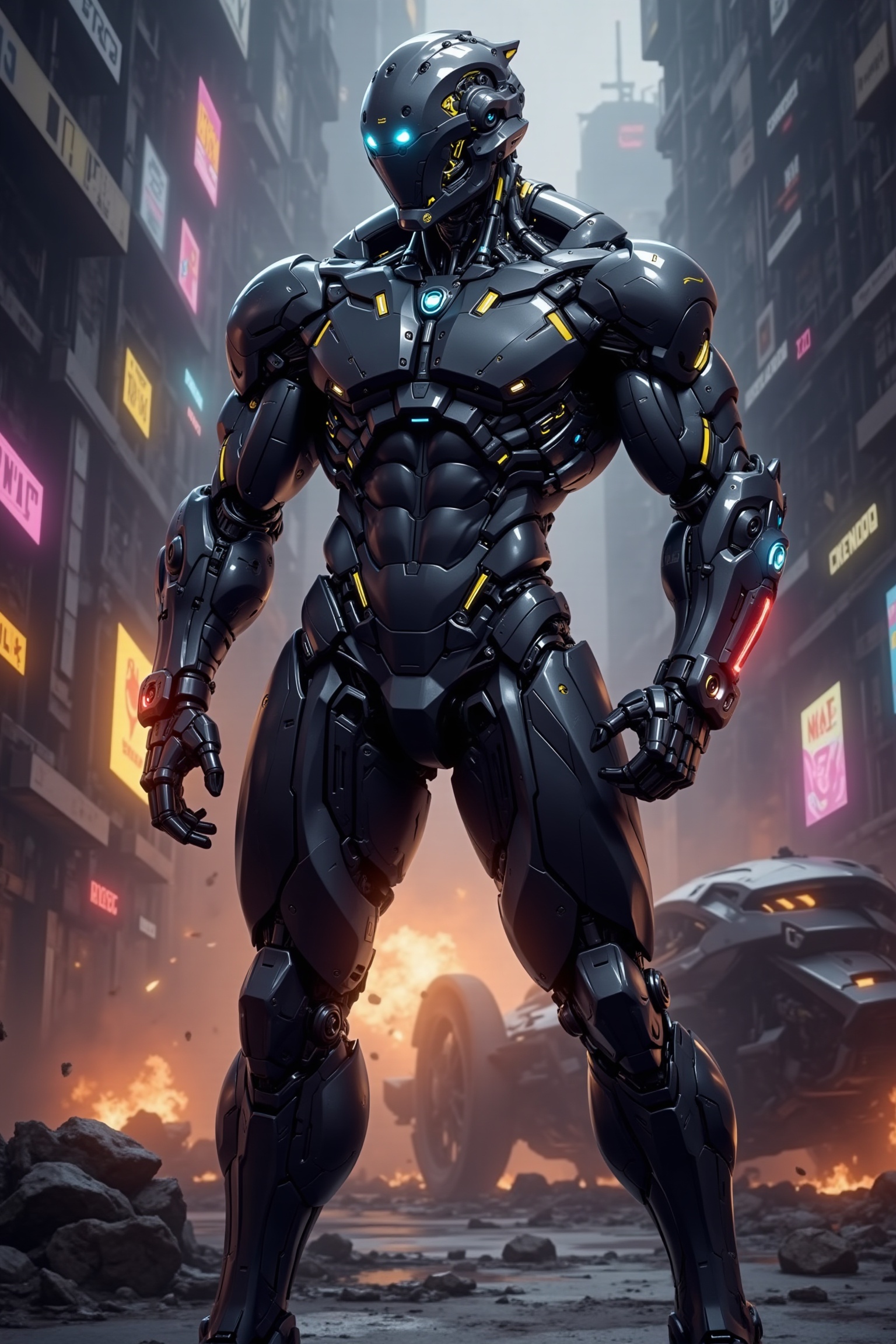 Create a high-detail image of a humanoid cyborg with a muscular body. The cyborg should have a sleek,  carbon fiber exoske...