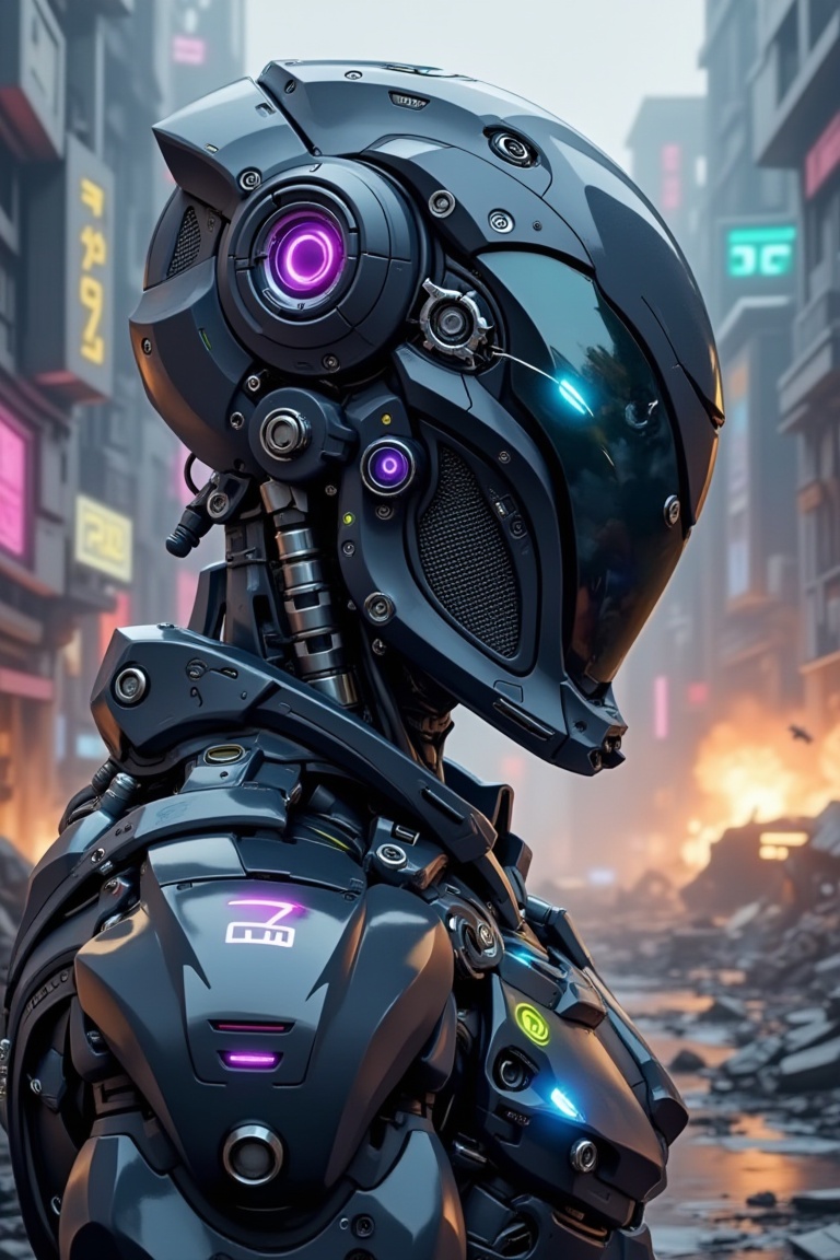 a high-resolution close-up image of a humanoid cyborg warrior head standing in a futuristic battlefield. The cyborg’s half...