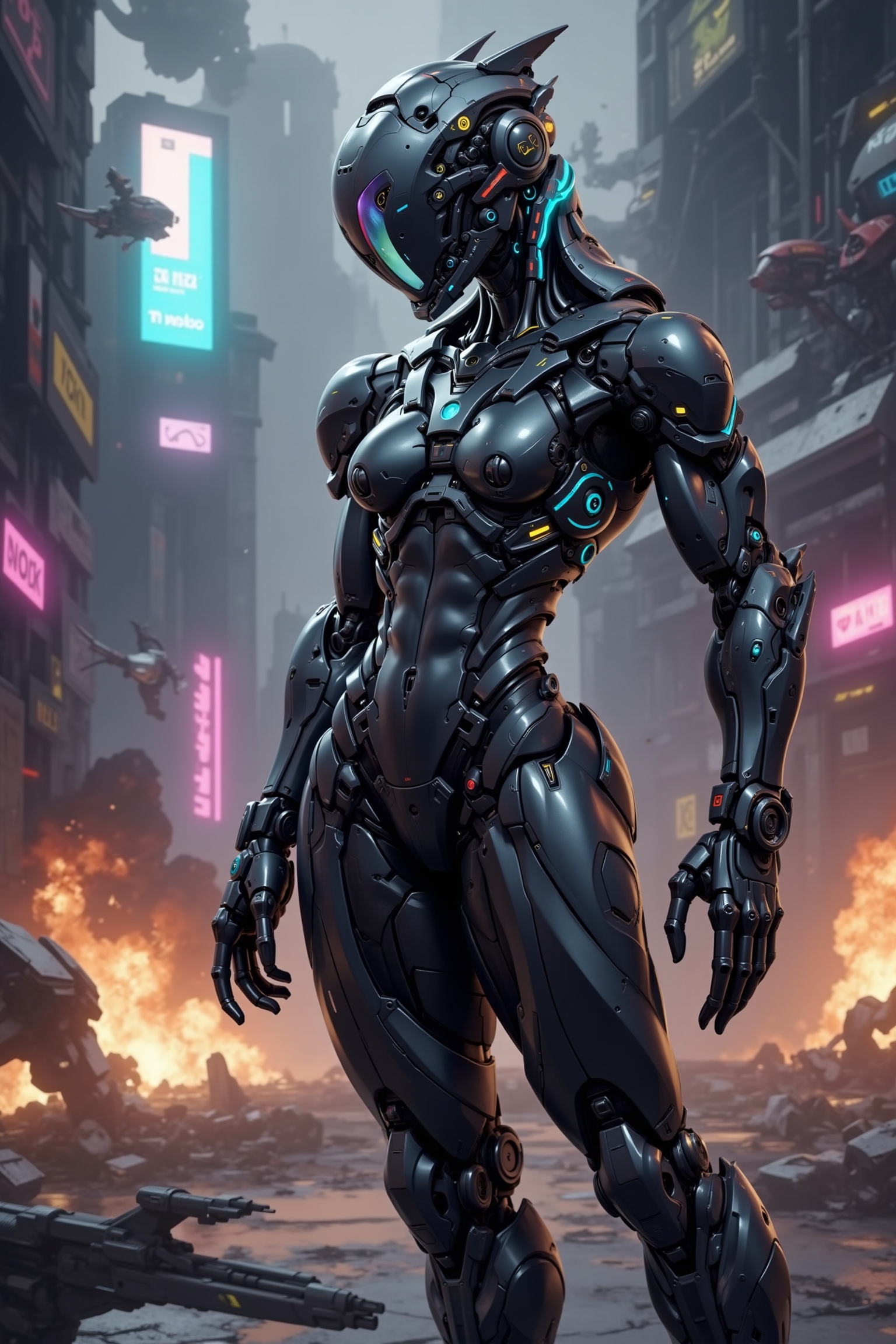 Create a high-detail image of a humanoid cyborg with a muscular body. The cyborg should have a sleek,  carbon fiber exoske...