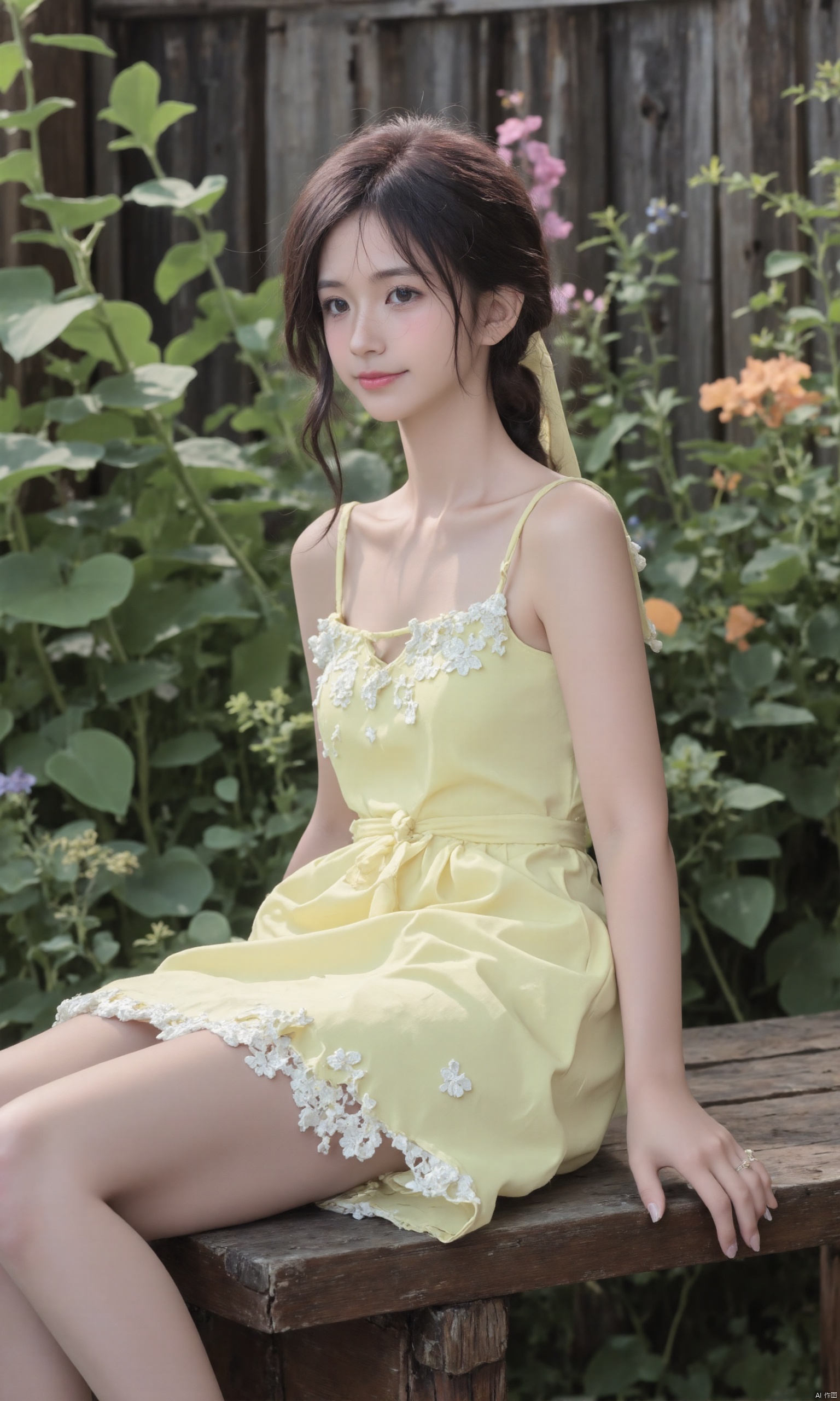 A young girl sitting on a worn wooden bench in a rustic garden, surrounded by lush greenery and vibrant flowers. She's dressed in a simple yellow sundress with white flowers embroidered along the hem, her curly brown hair tied back with a ribbon. Her bright blue eyes sparkle as she gazes off into the distance, a gentle smile playing on her lips.