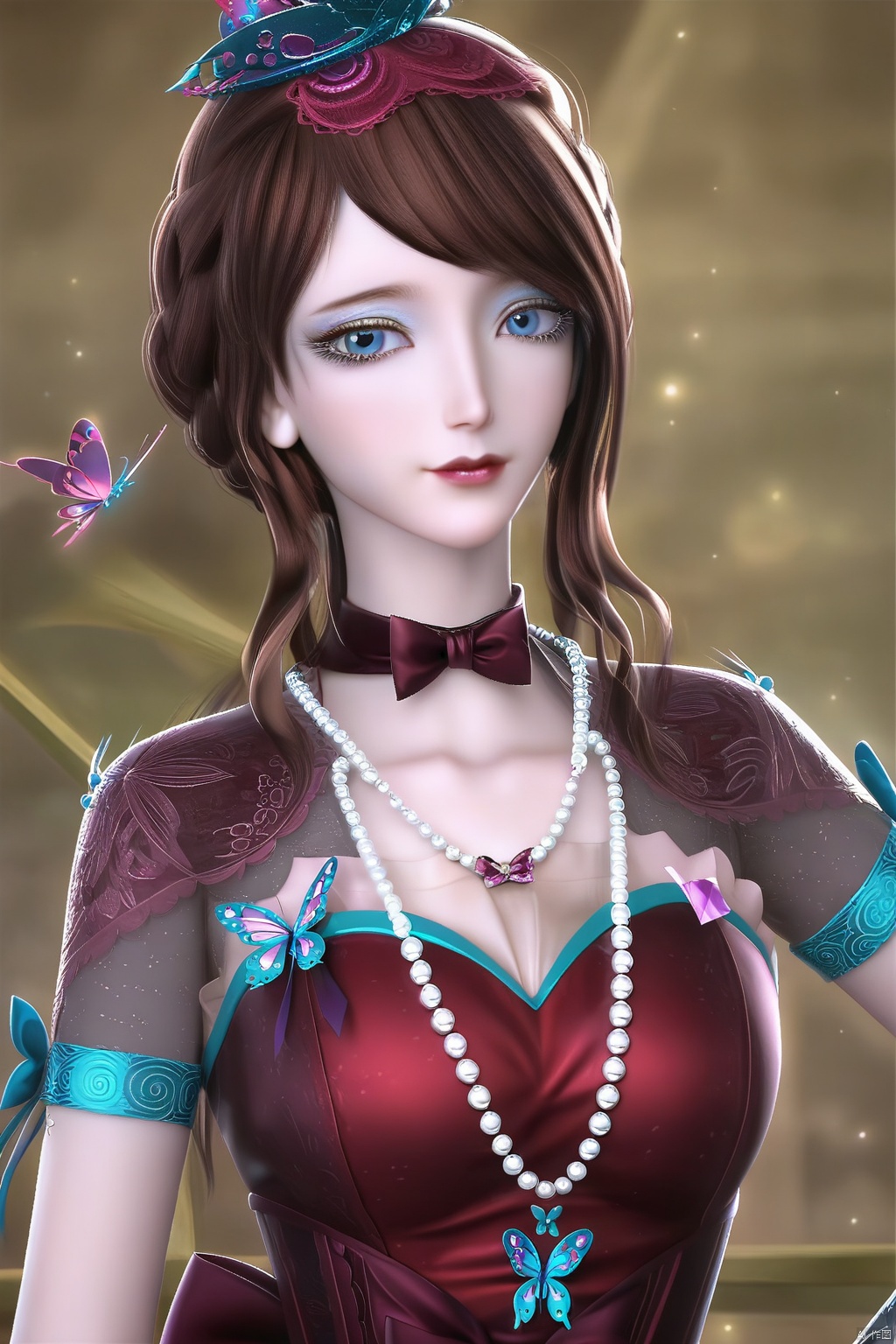 masterpiece, best quality, masterpiece,best quality,official art,extremely detailed CG unity 8k wallpaper,1girl,solo,looking at viewer,brown hair,hat,dress,socks,,blue eyes,hair ornament,bug,butterfly,pearl necklace,ribbon choker,beads,gem,makeup,bowtie,jewelry,bow,upper body