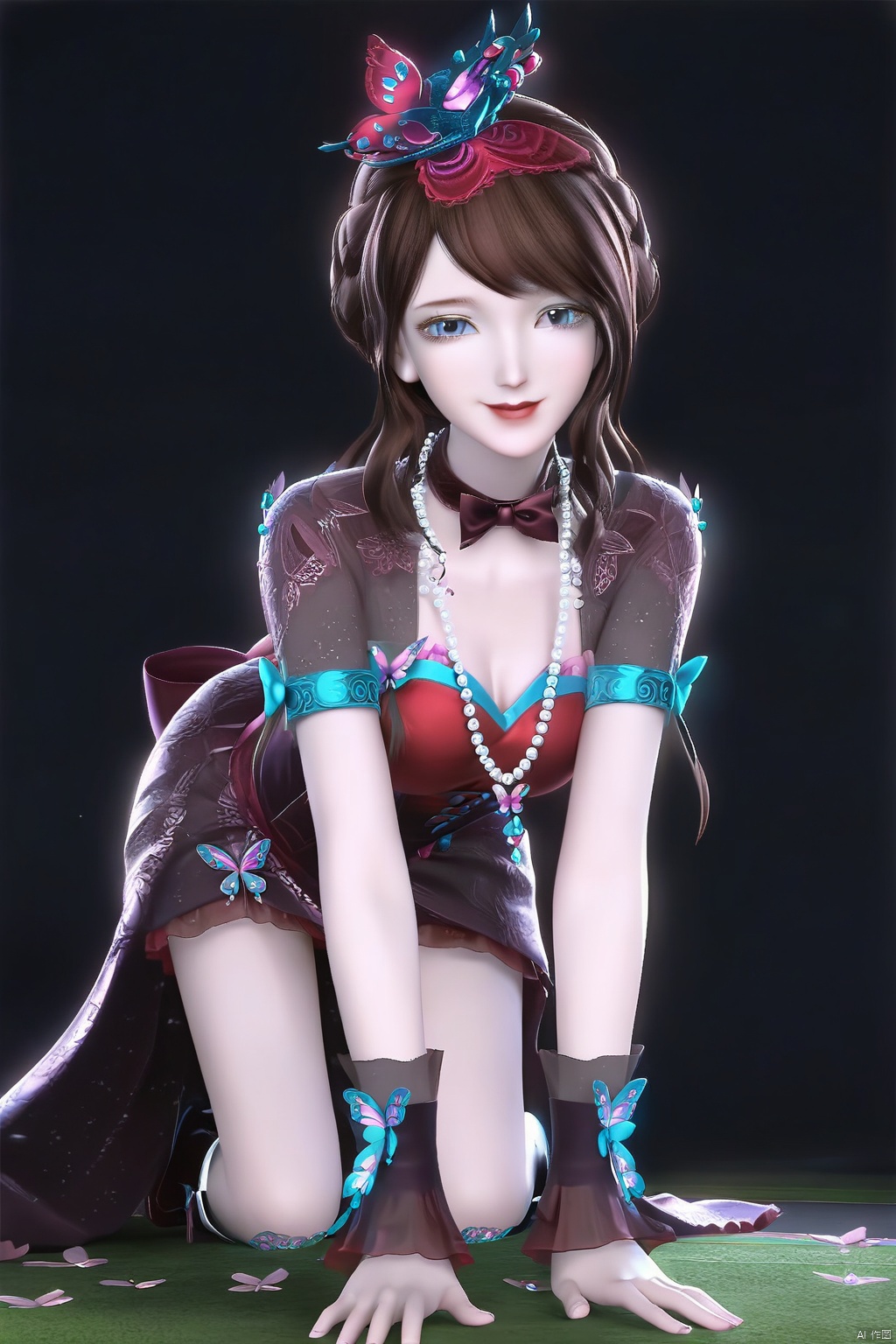 masterpiece, best quality, masterpiece,best quality,official art,extremely detailed CG unity 8k wallpaper,1girl,solo,looking at viewer,brown hair,hat,dress,blue eyes,hair ornament,bug,butterfly,pearl necklace,ribbon choker,beads,gem,bowtie,jewelry,bow,Cherry Blossoms,(black background:1.3),simple background,Thigh boots,(Boots:1.1),full body,legs,happy,all fours,happiness