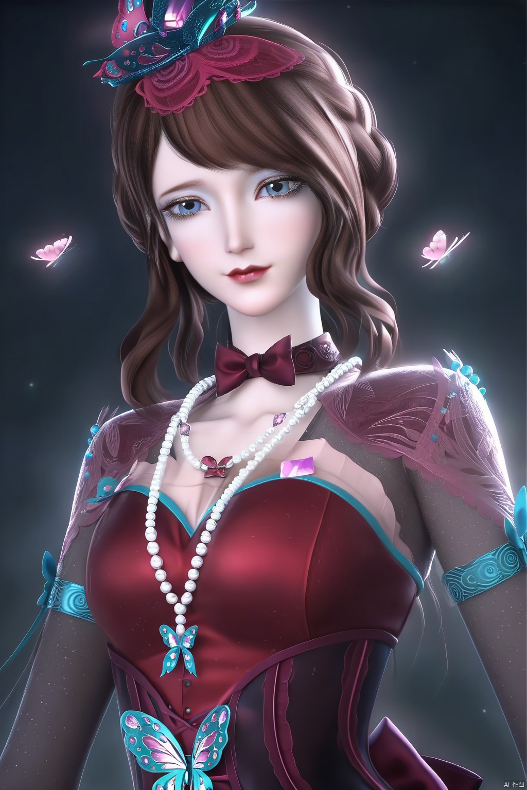 masterpiece, best quality, masterpiece,best quality,official art,extremely detailed CG unity 8k wallpaper,1girl,solo,looking at viewer,brown hair,hat,dress,blue eyes,hair ornament,bug,butterfly,pearl necklace,ribbon choker,beads,gem,makeup,bowtie,jewelry,bow,Cherry Blossoms,black background,simple background,Thigh boots,Boots