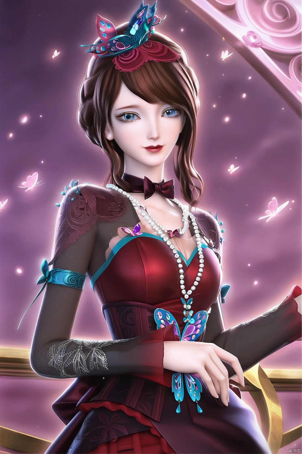 masterpiece, best quality, masterpiece,best quality,official art,extremely detailed CG unity 8k wallpaper,1girl,solo,looking at viewer,brown hair,hat,dress,blue eyes,hair ornament,bug,butterfly,pearl necklace,ribbon choker,beads,gem,makeup,bowtie,jewelry,bow,Cherry Blossoms,Thigh boots