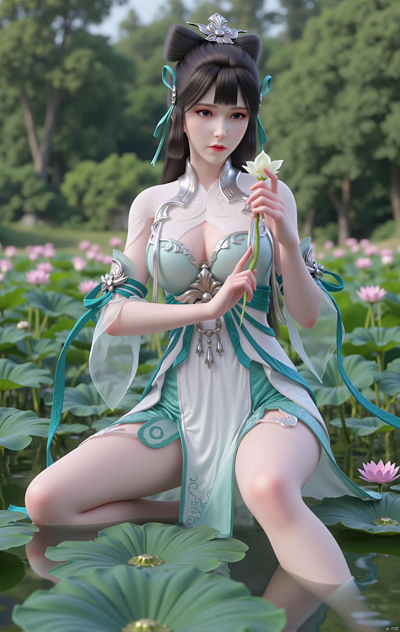  masterpiece,1girl,black hair,(Sitting by the lotus pond in the garden:1.3),(short dress:1.39),black eyes,beautiful face,short sleeves,holding flower,looking at viewer,(huge breasts:2.79),(full breasts:1.99),Xzhaoliner,Xyaoxi,Xsulingyun,XyunluoX,Xhenrendadi,Xlannuo,Xlongnv,Xruoshui,XyunluoH,Xyuzimo