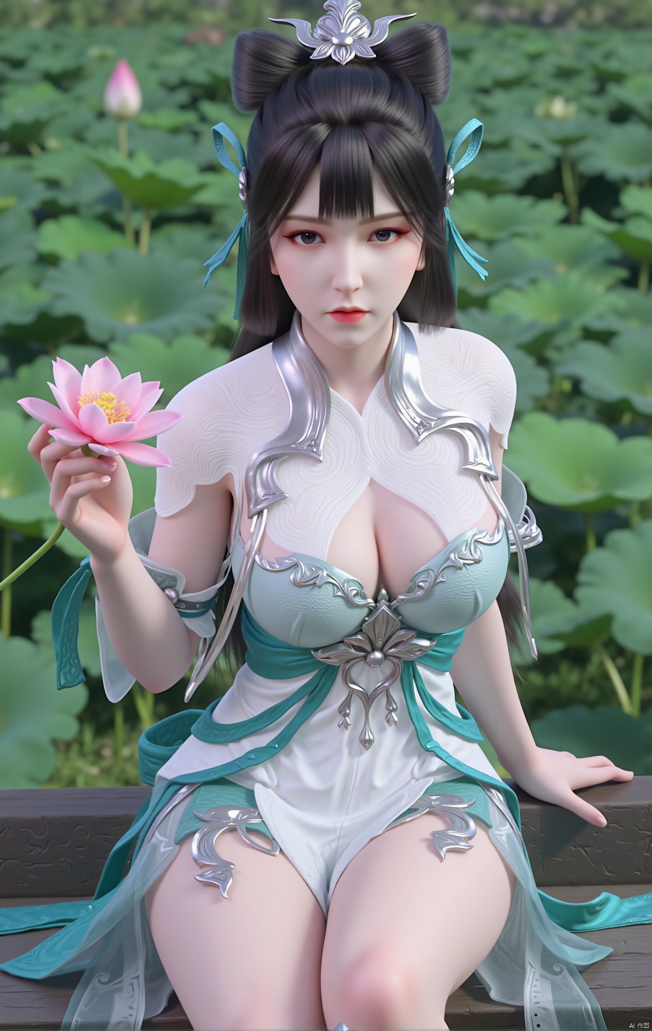  masterpiece,1girl,black hair,(Sitting by the lotus pond in the garden:1.3),(short dress:1.39),black eyes,beautiful face,short sleeves,holding flower,looking at viewer,(huge breasts:2.79),(full breasts:1.99),Xzhaoliner,Xyaoxi,Xsulingyun,XyunluoX,Xhenrendadi,Xlannuo,Xlongnv,Xruoshui,XyunluoH,Xyuzimo